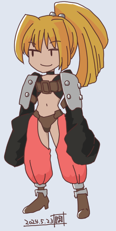 nohashi (travel frontier), liquor (musashiden), brave fencer musashiden, 1girl, belt bra, blonde hair, chibi, choker, closed mouth, dated, full body, hair bobbles, hair ornament, long hair, long sleeves, navel, official style, panties, ponytail, simple background, sleeves past wrists, smile, solo, underwear, very long hair