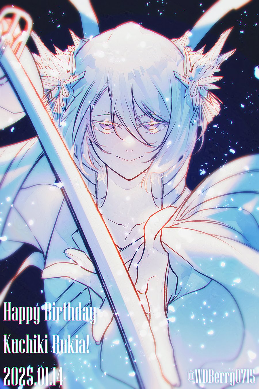 wdberry0715, kuchiki rukia, bleach, bleach: sennen kessen-hen, highres, 1girl, artist name, bankai, character name, collarbone, detached sleeves, english text, flower, hair flower, hair ornament, hakka no togame (bankai), happy birthday, holding, holding sword, holding weapon, ice flower, long ribbon, looking at viewer, official alternate color, smile, snow, solo, sword, upper body, weapon, white hair, wide sleeves