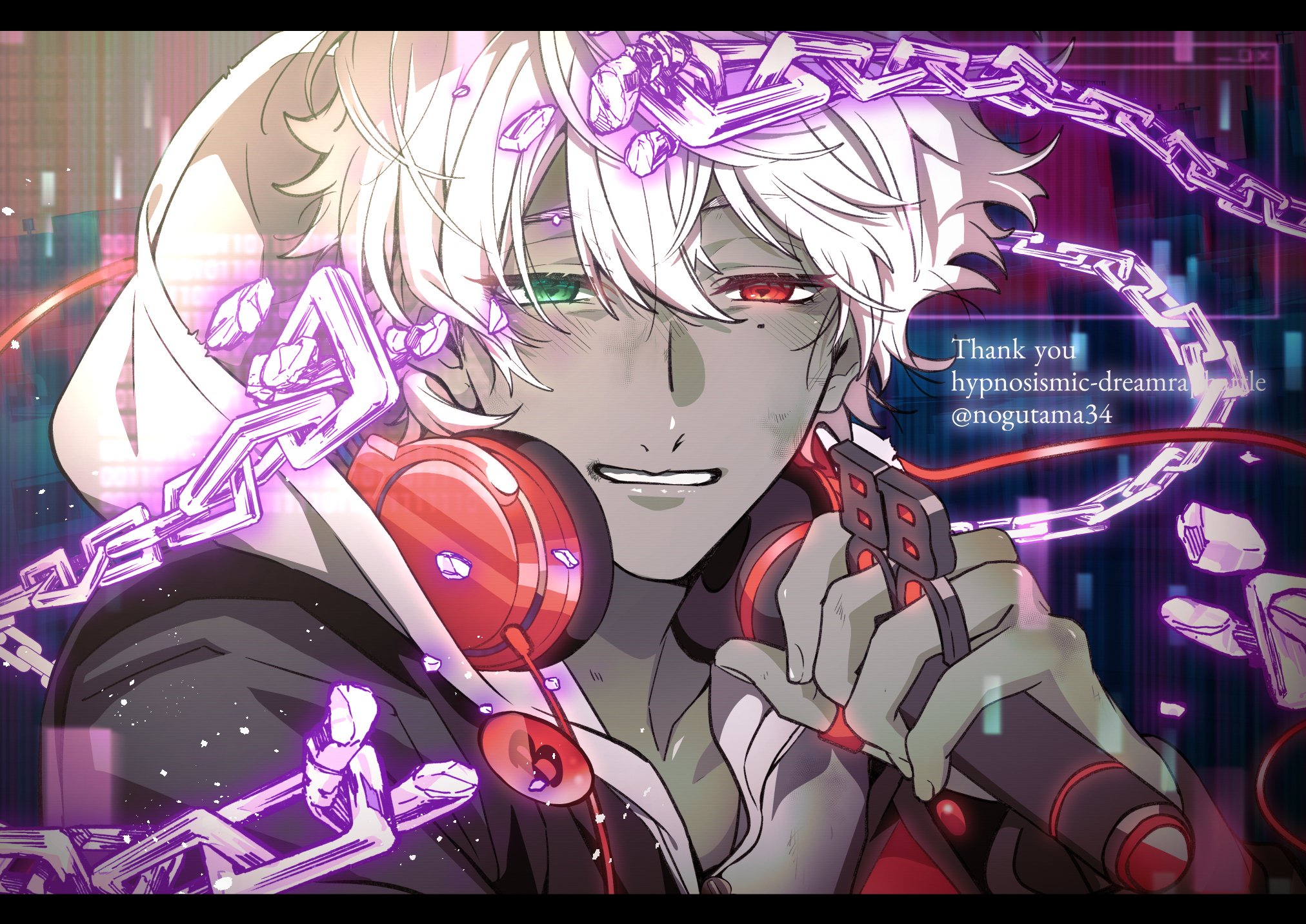 yamada ichiro, hypnosis mic, hypnosis mic: dream rap battle, commentary, english commentary, highres, 1boy, badge, binary, black jacket, broken, broken chain, bruise, bruise on face, button badge, chain, collarbone, colored skin, copyright name, dark persona, digital dissolve, dirty, dirty face, english text, fingernails, floating hair, glitch, glowing, glowing eyes, green eyes, grey skin, grin, hair between eyes, hand up, headphones, headphones around neck, heterochromia, holding, holding microphone, hood, hood down, hoodie, hypnosis microphone, injury, jacket, jacket over hoodie, letterboxed, light blush, light particles, long sleeves, looking at viewer, male focus, microphone, mole, mole under eye, narrowed eyes, nogutama34, portrait, red eyes, short hair, smile, solo, thank you, thumb ring, twitter username, white hair, white hoodie, window (computing)