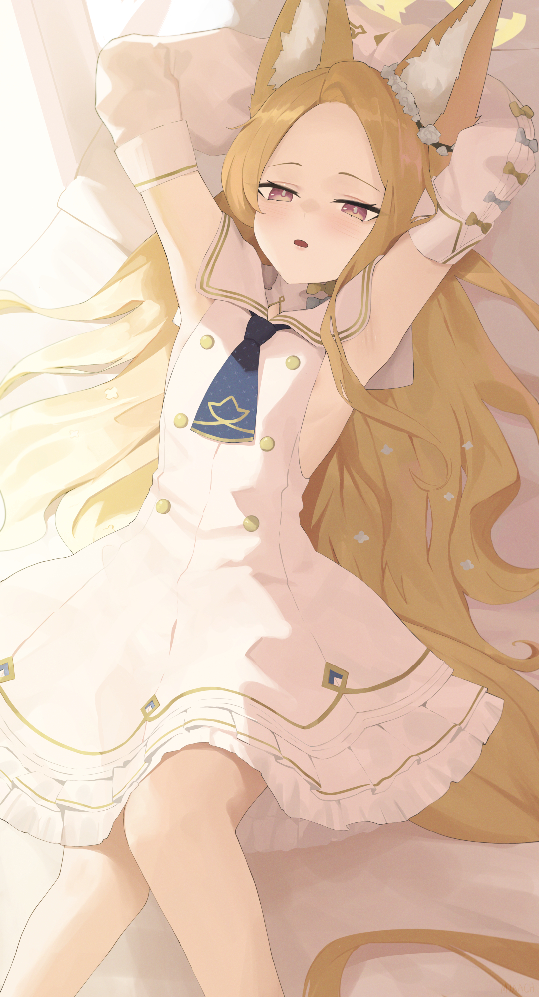 nev (nevblindarts), seia (blue archive), blue archive, highres, 1girl, animal ear fluff, animal ears, armpits, blonde hair, breasts, detached sleeves, dress, fox ears, fox tail, halo, long hair, lying, on back, sleeveless, sleeveless dress, small breasts, tail, white dress, white sleeves, yellow halo