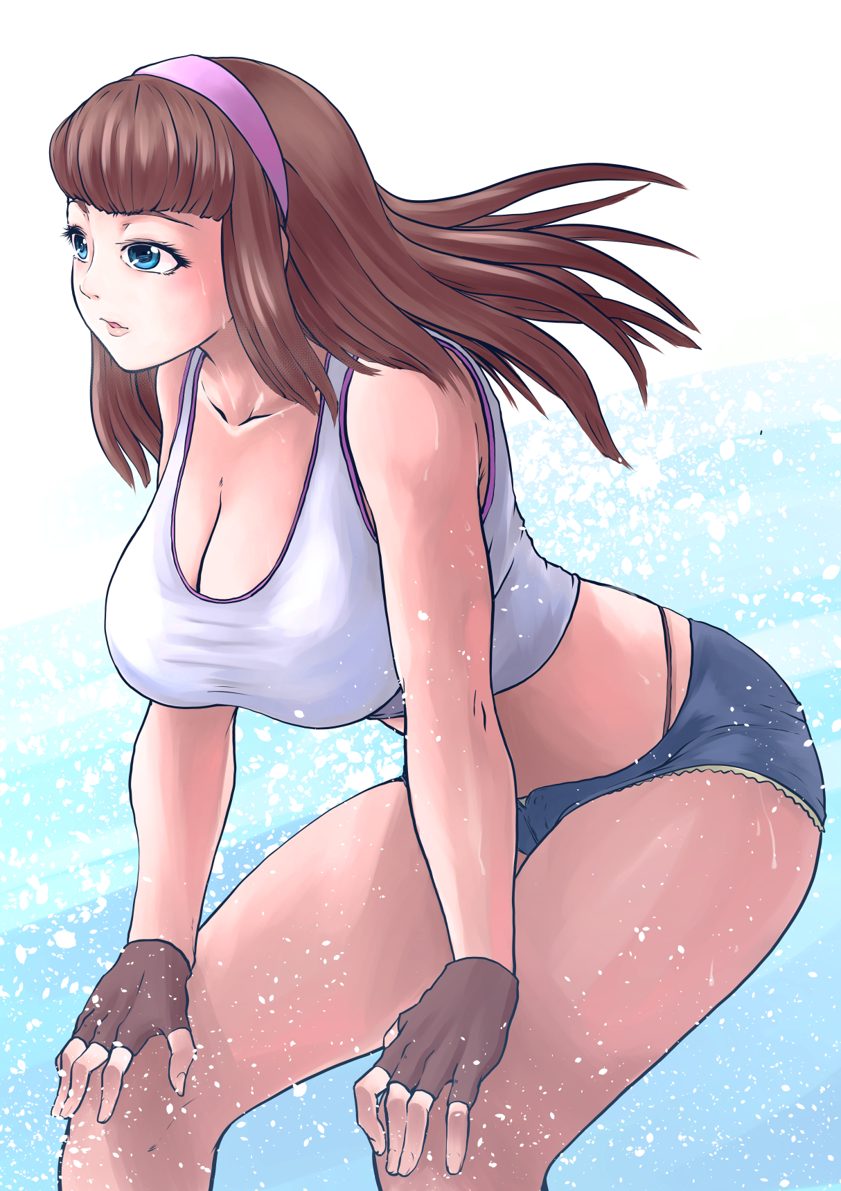 kinugosiko, hitomi (doa), dead or alive, dead or alive 5, highres, blue eyes, breasts, brown gloves, brown hair, cleavage, fingerless gloves, gloves, hairband, hands on own knees, hunched over, large breasts, long hair, midriff, pink hairband, short shorts, shorts, sidelocks, tank top, white tank top