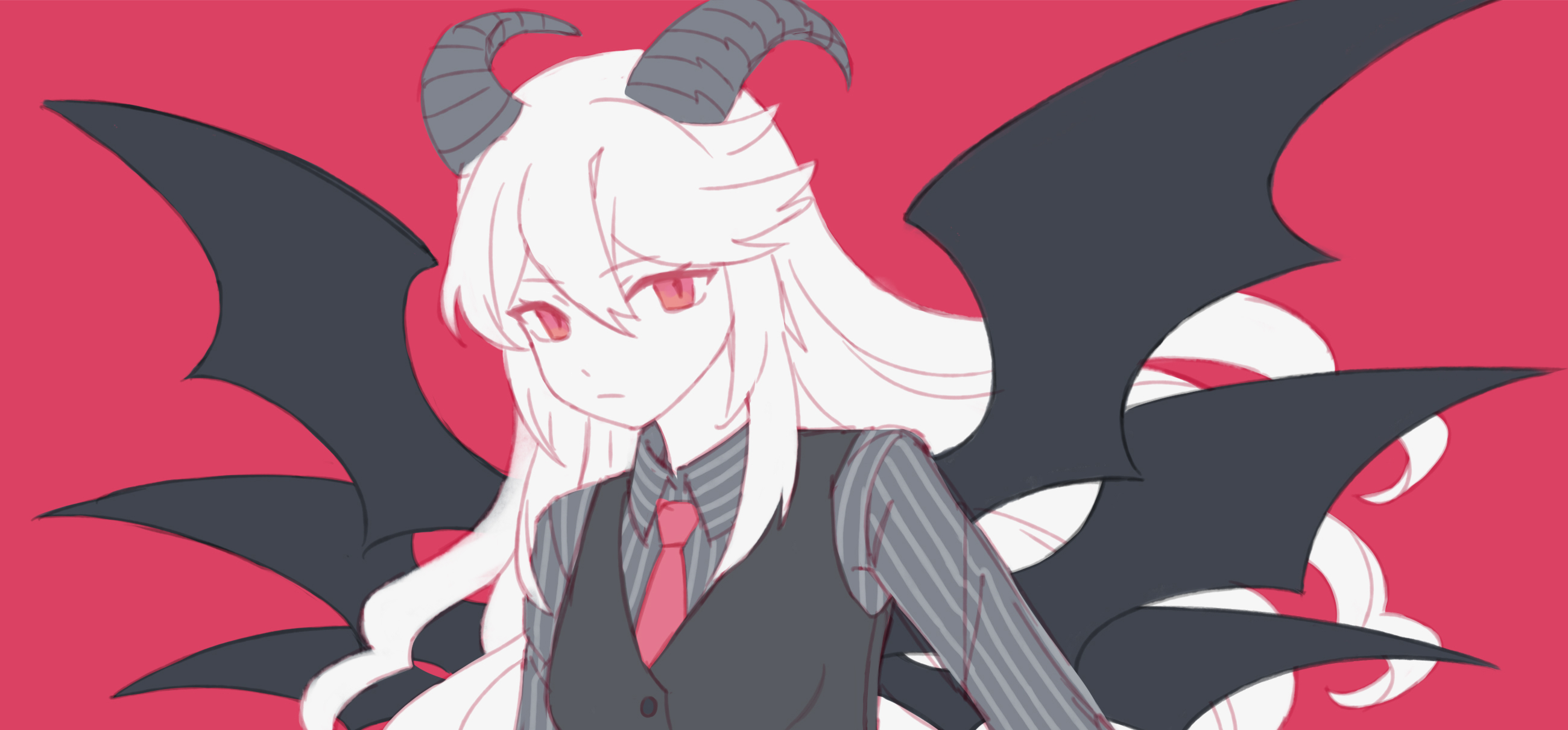 meeako, reficul (funamusea), funamusea, haiiro teien, commentary request, highres, 1girl, collared shirt, demon girl, demon horns, demon wings, horns, limited palette, long hair, multiple wings, necktie, red background, red eyes, sheep horns, shirt, slit pupils, solo, striped clothes, striped shirt, vest, white hair, wings