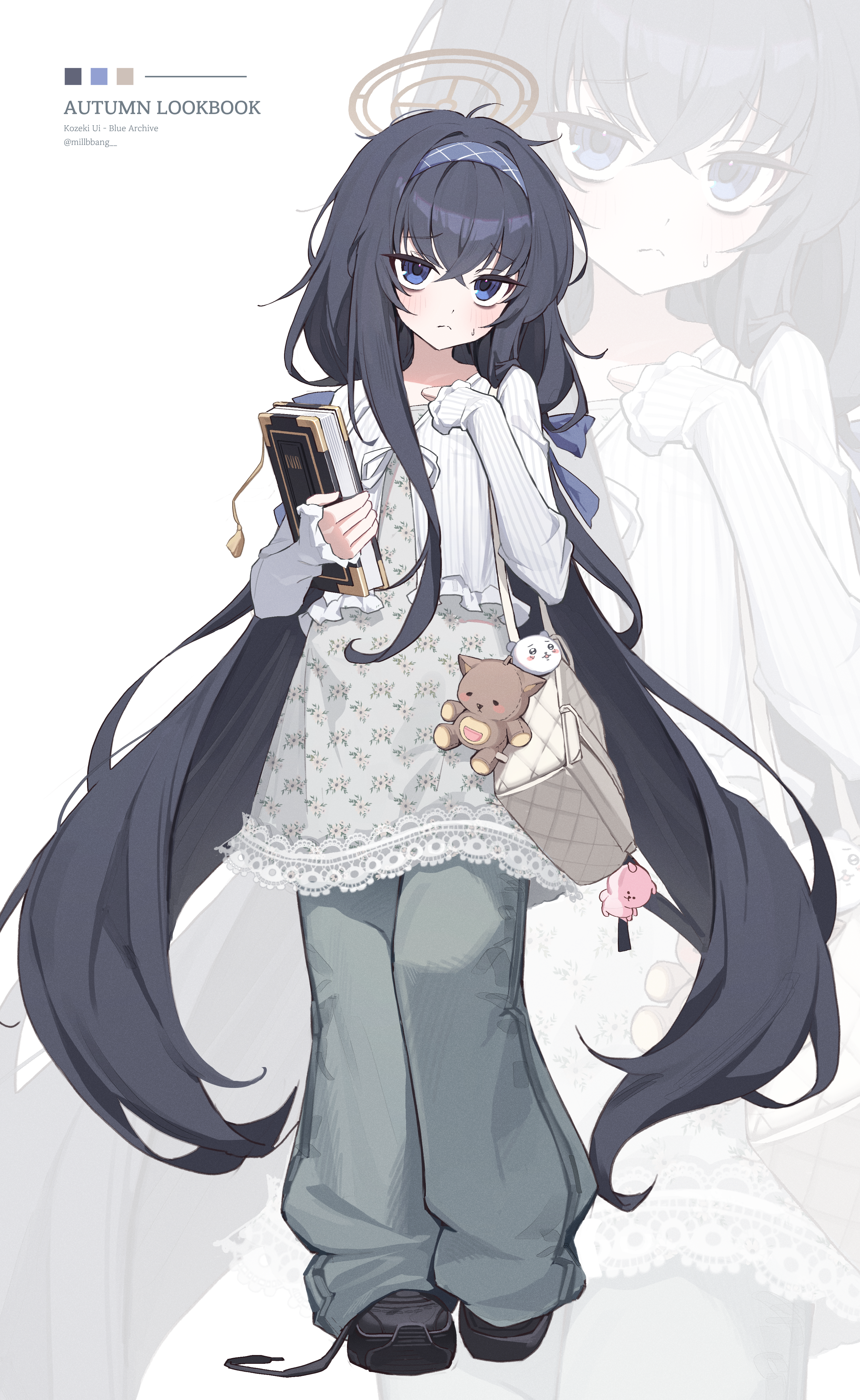 ui (blue archive), blue archive, absurdres, highres, 1girl, alternate costume, artist name, bags under eyes, black hair, book, breasts, brown halo, character name, copyright name, green pants, grey shirt, hair between eyes, hairband, halo, holding, holding book, long hair, looking at viewer, mill bbang, pants, purple eyes, purple hairband, shirt, small breasts, solo, twitter username, white background, zoom layer