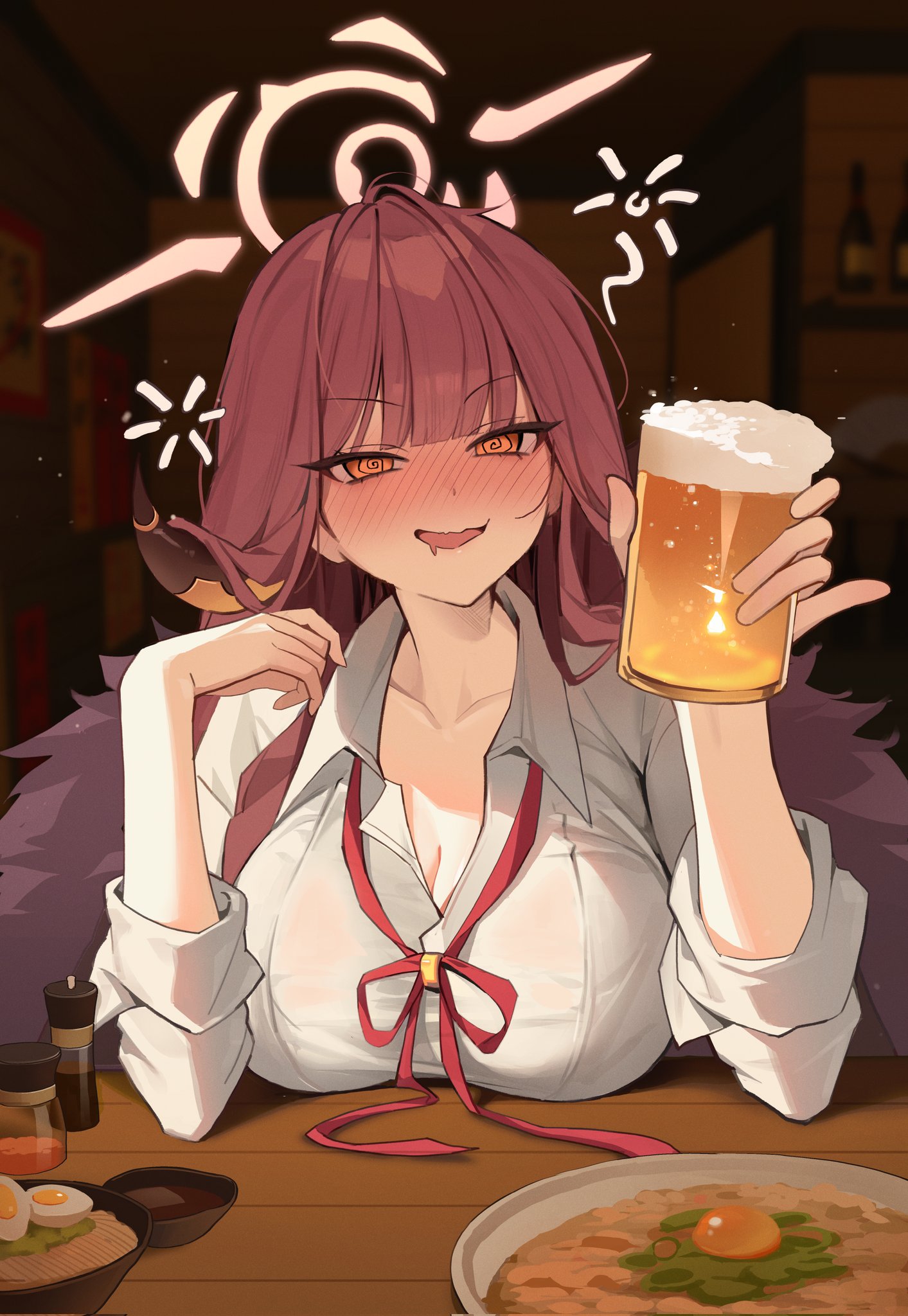 aru (blue archive), blue archive, highres, 1girl, alcohol, beer, beer mug, breasts, cup, drunk, halo, large breasts, looking at viewer, mill bbang, mug, orange eyes, red hair, red halo, red ribbon, ribbon, shirt, solo, white shirt