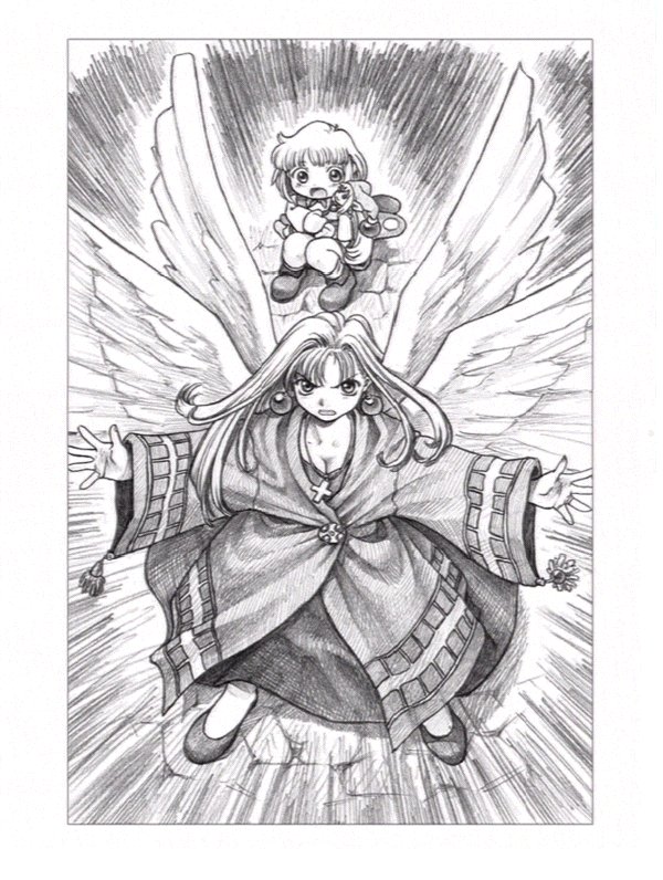 ryoji (nomura ryouji), cherie espoir, cornet espoir, kururu (marl kingdom), marl kingdom, nippon ichi, puppet princess (marl kingdom), official art, 2girls, child, cross, dress, earrings, jewelry, long hair, multiple girls, necklace, shoes, short hair, wings