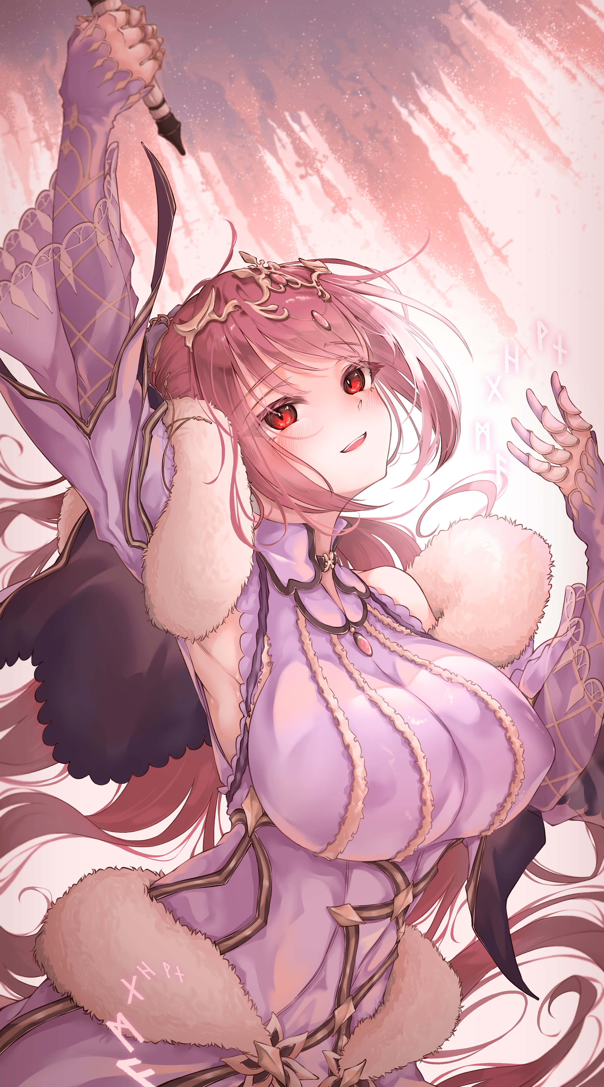 blitz predator, scathach (fate), scathach skadi (fate), scathach skadi (third ascension) (fate), fate/grand order, fate (series), absurdres, commentary, english commentary, highres, 1girl, arm up, armpits, bare shoulders, black choker, blurry, blush, breasts, brooch, capelet, choker, covered erect nipples, depth of field, detached sleeves, dress, finger cots, fur-trimmed sleeves, fur trim, hand up, holding, holding wand, jewelry, large breasts, layered sleeves, long hair, long sleeves, looking at viewer, parted lips, ponytail, purple capelet, purple dress, purple hair, purple sleeves, red eyes, runes, see-through clothes, see-through sleeves, sleeveless, sleeveless dress, sleeves past wrists, smile, solo, teeth, tiara, upper body, upper teeth only, wand