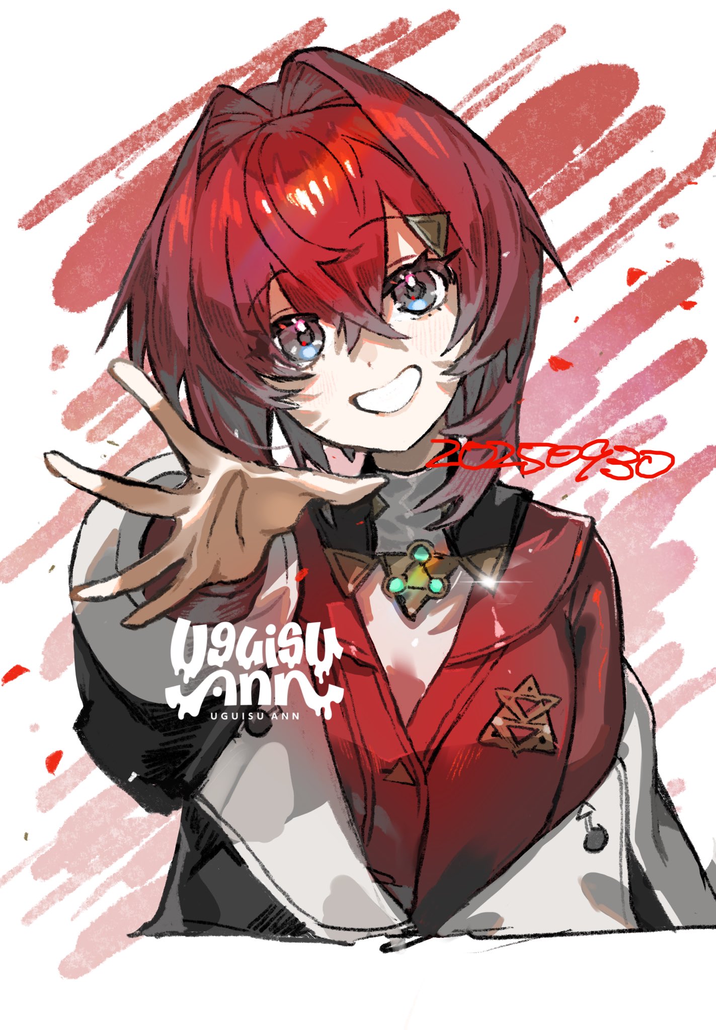uguisu ann, ange katrina, ange katrina (1st costume), nijisanji, commentary, highres, symbol-only commentary, 1girl, artist name, black coat, blue eyes, blush, cardigan, coat, cropped torso, crossed bangs, dated, gradient eyes, grin, hair between eyes, hair intakes, hair ornament, hand up, head tilt, long bangs, long sleeves, looking at viewer, medium hair, multicolored eyes, off shoulder, outstretched arm, outstretched hand, purple eyes, reaching, reaching towards viewer, red cardigan, red hair, scribble background, smile, solo, straight-on, triangle hair ornament, virtual youtuber