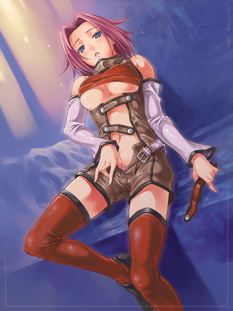 kouzuki kallen, code geass, 00s, 1girl, belt, blue eyes, breasts, cleavage, clothes lift, female focus, female pubic hair, medium breasts, open belt, open fly, pink hair, pubic hair, shirt lift, solo, thighhighs, unbuckled, unbuttoned, underboob, undressing, unzipped, zipper, zipper pull tab
