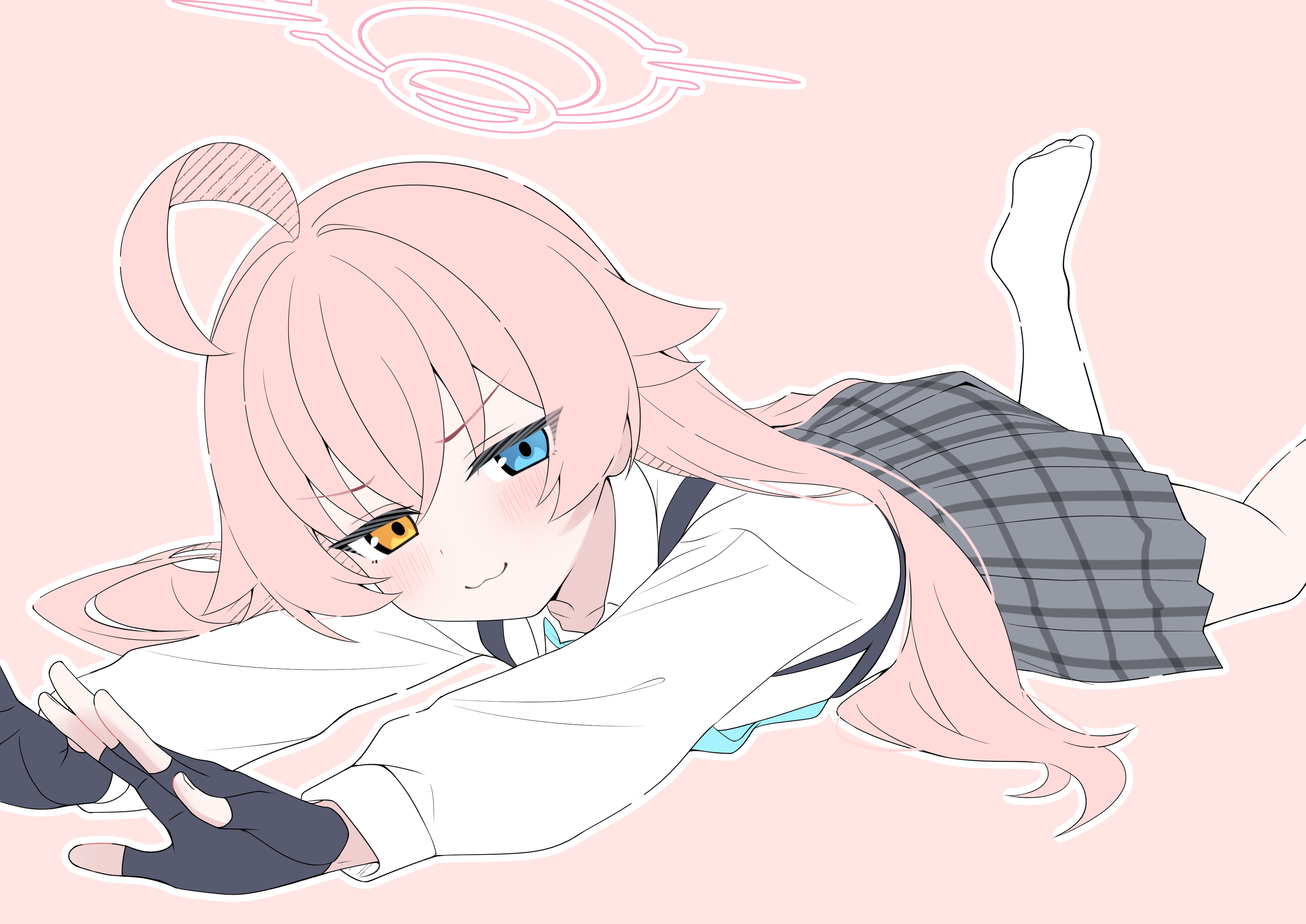 mistel (sukebemistel), hoshino (blue archive), blue archive, absurdres, commentary request, highres, 1girl, :3, ahoge, aqua necktie, black gloves, black skirt, blue eyes, closed mouth, fingerless gloves, gloves, halo, heterochromia, long hair, long sleeves, looking at viewer, lying, necktie, on stomach, pink background, pink hair, pink halo, plaid clothes, plaid skirt, skirt, solo, yellow eyes