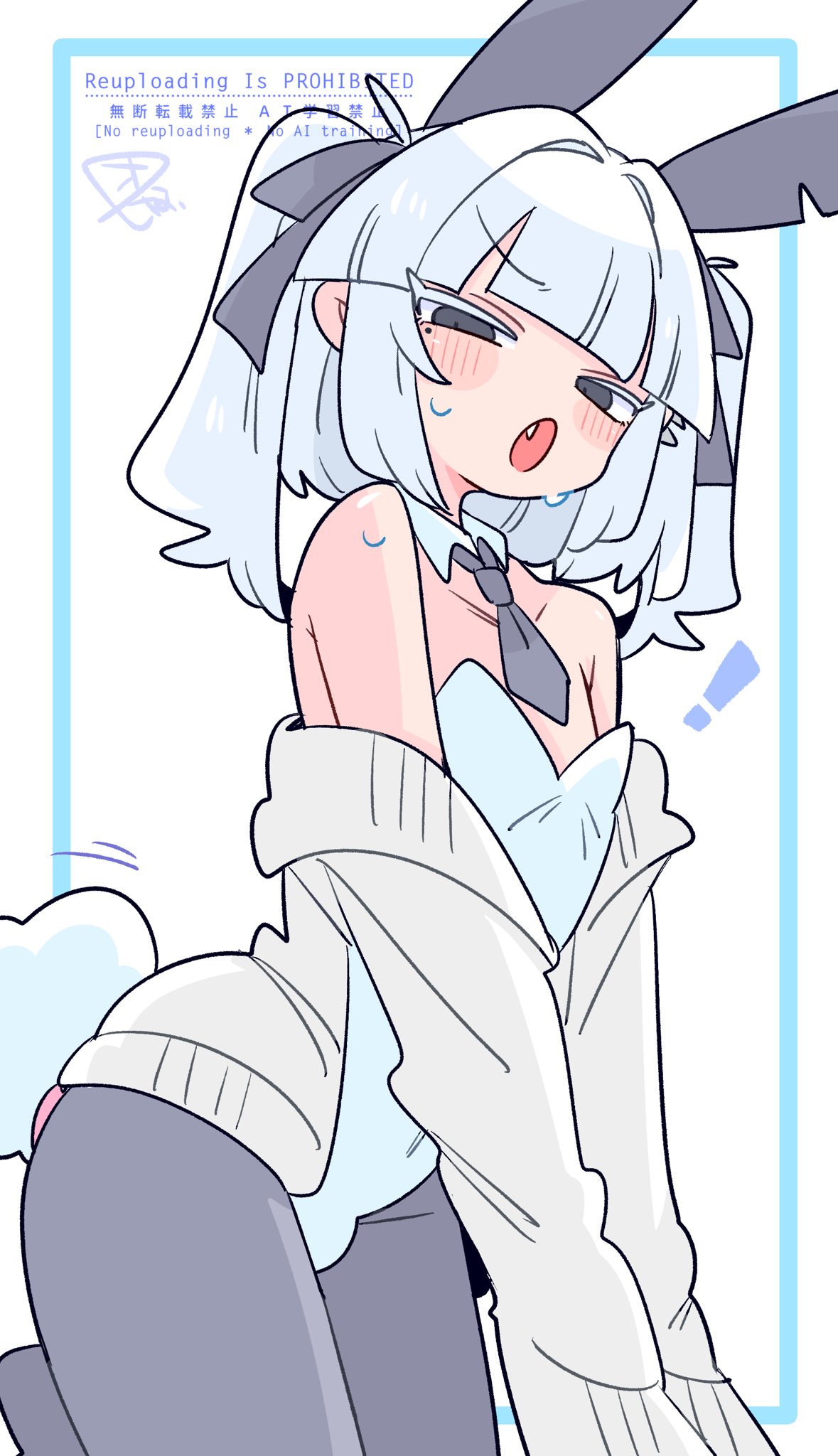 op na yarou, original, commentary, highres, !, 1boy, :o, animal ear hairband, animal ears, bare shoulders, black bow, black eyes, black hairband, black necktie, black pantyhose, blunt bangs, blush, bow, bulge, cardigan, collar, cowboy shot, crossdressing, crossdressing (mtf), detached collar, fake animal ears, fake tail, fang, from side, hair bow, hair intakes, hairband, leotard, long sleeves, looking at viewer, male focus, male playboy bunny, medium hair, mole, mole under eye, narrowed eyes, necktie, no nose, open cardigan, open clothes, open mouth, pantyhose, playboy bunny, rabbit ear hairband, rabbit ears, rabbit tail, sidelocks, simple background, solo, standing, sweat, tail, trap, two side up, v-shaped eyebrows, watermark, white background, white cardigan, white collar, white hair, white leotard