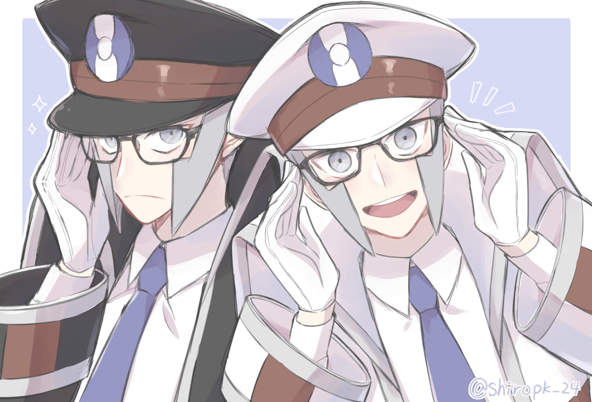 shio25, emmet (pokemon), ingo (pokemon), nintendo, pokemon, pokemon bw, highres, 2boys, adjusting eyewear, bespectacled, black coat, black hat, blue necktie, border, brothers, coat, collared shirt, glasses, gloves, grey eyes, grey hair, happy, hat, long sleeves, looking at viewer, male focus, multiple boys, necktie, open mouth, peaked cap, shirt, short hair, siblings, sparkle, twins, white border, white coat, white gloves