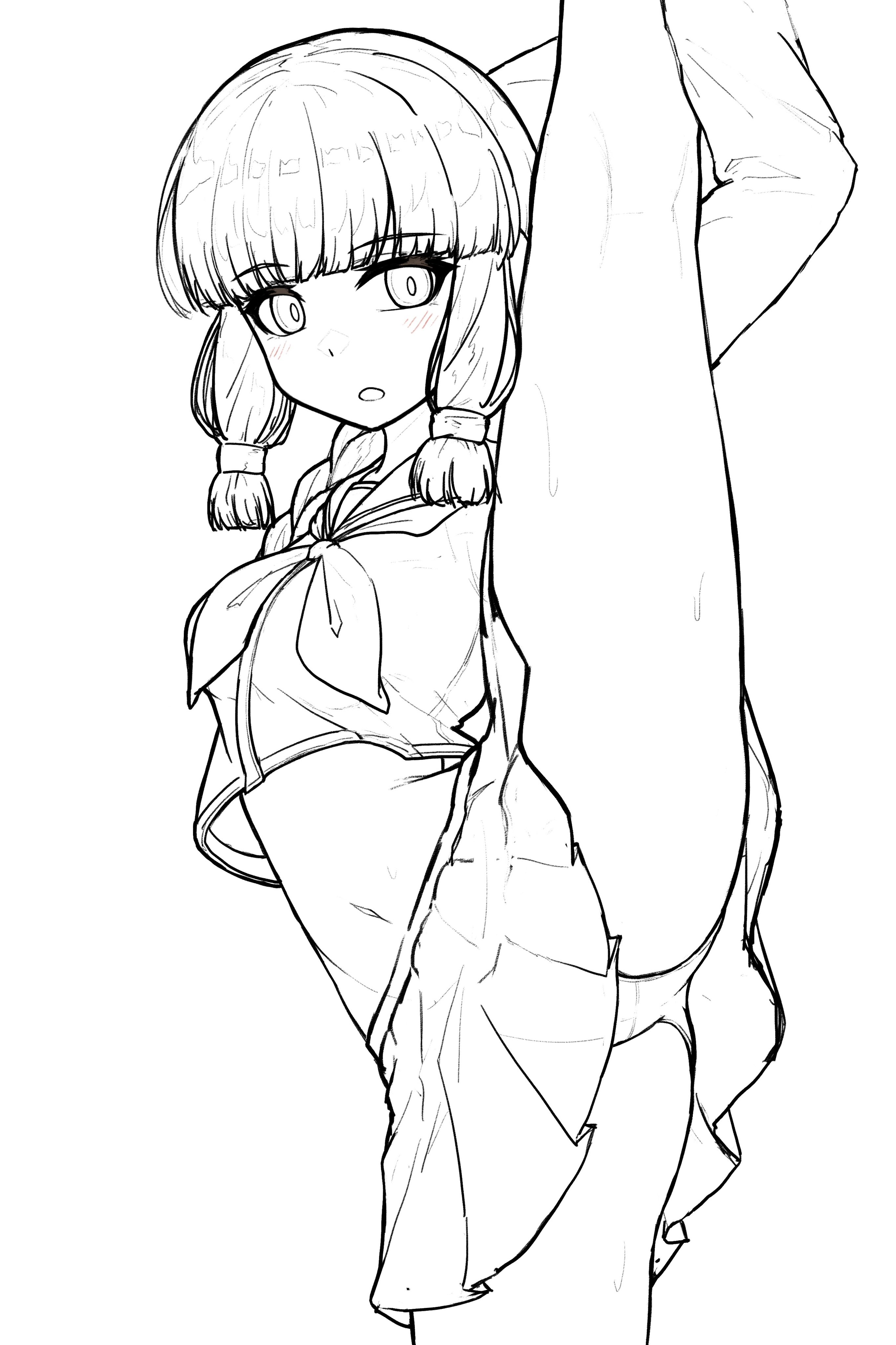kinakomochi (testament05), kitakami (kancolle), kitakami kai ni (kancolle), kantai collection, absurdres, commentary request, highres, 1girl, blunt bangs, cowboy shot, lineart, looking at viewer, midriff, panties, pantyshot, pleated skirt, school uniform, serafuku, skirt, solo, split, standing, standing on one leg, standing split, tres ribbon, underwear
