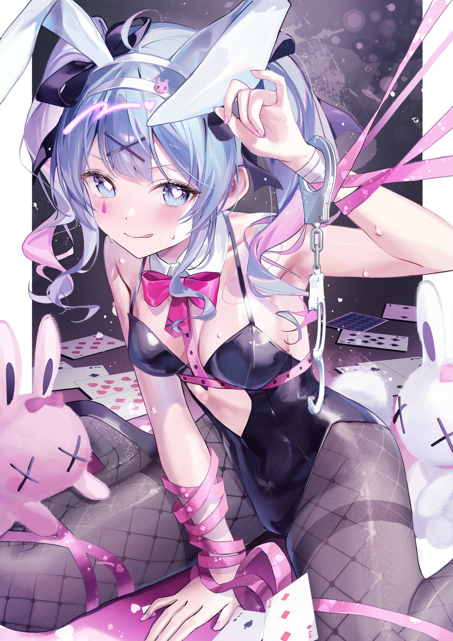 ame929, hatsune miku, rabbit hole (vocaloid), vocaloid, commentary request, highres, 1girl, animal ears, bare shoulders, black leotard, black pantyhose, black ribbon, black shoes, blue eyes, blue hair, blush, bow, bowtie, breasts, card, chest harness, cleavage, clothing cutout, collarbone, cuffs, cutout above navel, detached collar, eight of diamonds (playing card), fake animal ears, fake tail, fishnet pantyhose, fishnets, four of clubs, hair ribbon, handcuffs, harness, heart, heart-shaped pupils, heart cutout, high heels, highleg, highleg leotard, leotard, looking at viewer, medium breasts, necktie, nine of spades, pantyhose, pink bow, pink bowtie, pink hair, pink necktie, pink pupils, pink ribbon, playboy bunny, playing card, rabbit ears, rabbit tail, ribbon, shoes, smile, solo, spaghetti strap, stuffed animal, stuffed toy, sweat, symbol-shaped pupils, tail, teardrop, three of diamonds, tongue, tongue out, two of clubs, two of spades