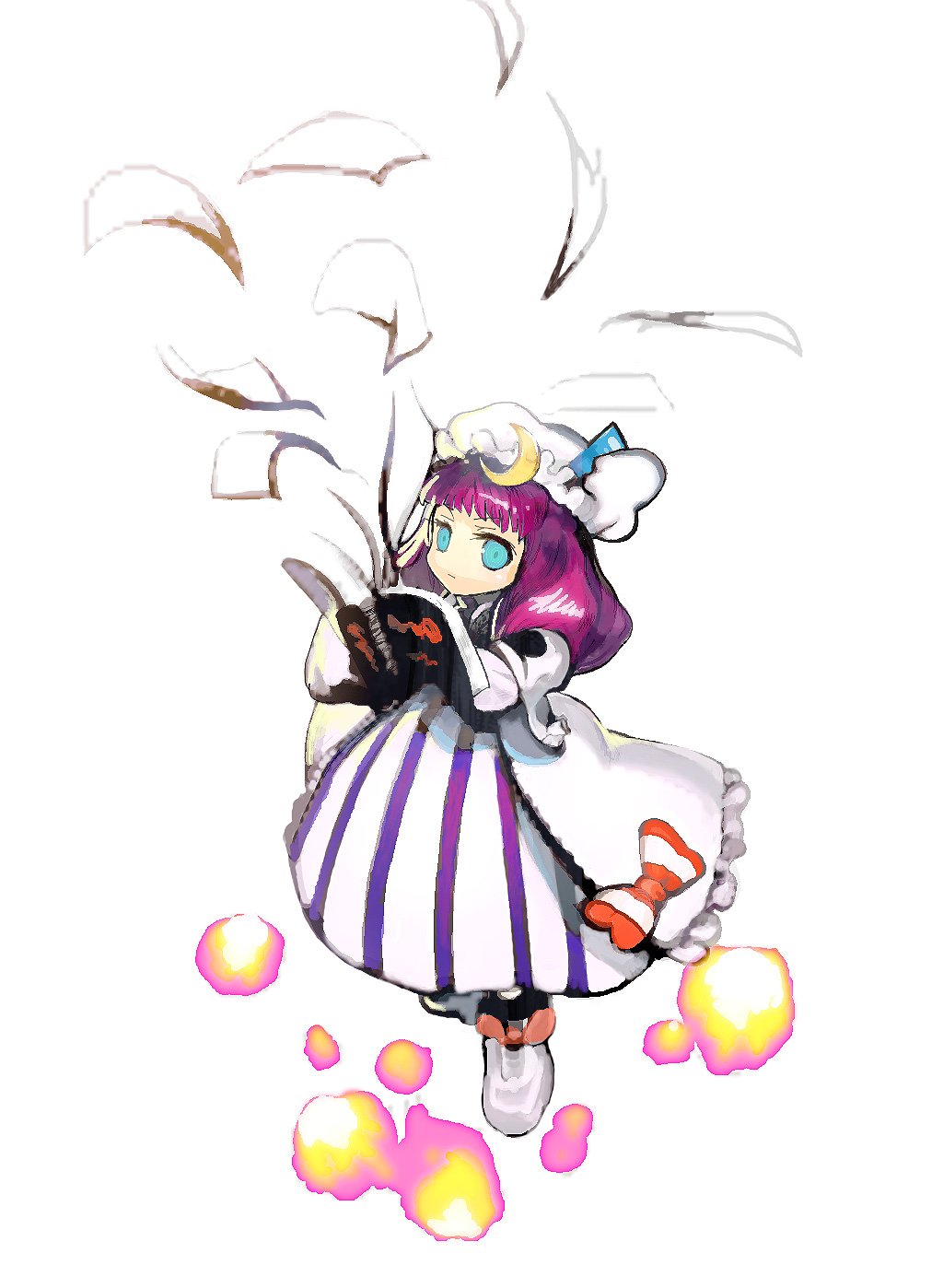 usapiyo, patchouli knowledge, touhou, highres, 1girl, :|, blue eyes, blunt bangs, book, boots, bow, closed mouth, crescent, crescent hair ornament, dress, female focus, flying paper, frills, full body, hair ornament, hat, holding, holding book, long hair, long sleeves, looking at viewer, magic, mob cap, open book, paper, purple hair, red bow, solo, striped bow, striped clothes, striped dress, vertical-striped clothes, vertical-striped dress, white background, white boots, white hat