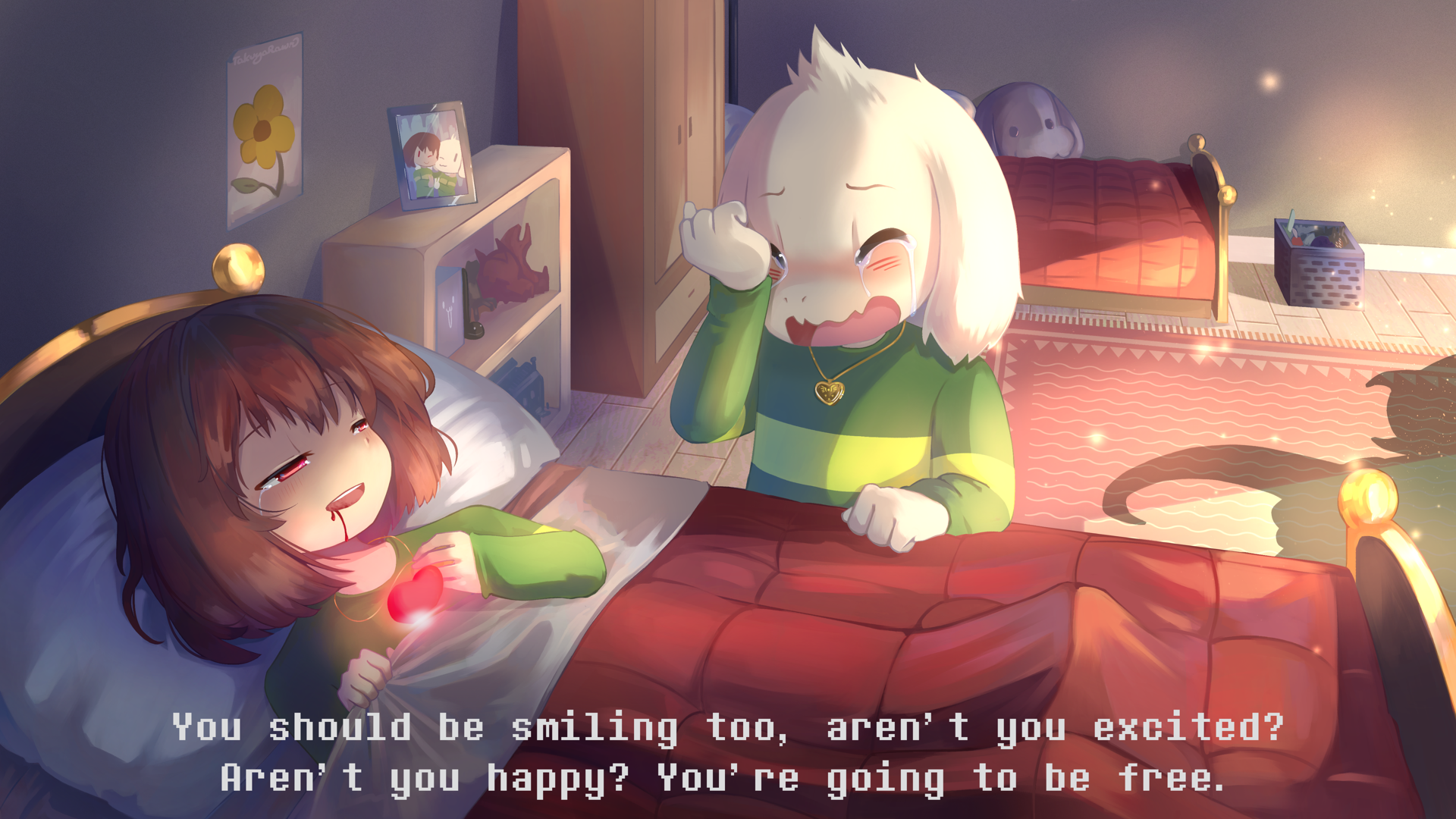 takuyarawr, asgore dreemurr, asriel dreemurr, chara (undertale), toriel, undertale, utdr (toby fox), highres, 2boys, 2girls, bed, bed frame, blood, blood from mouth, blush, brown hair, cabinet, carpet, crying, drawer, dying, fang, flower, goat boy, goat girl, gold necklace, green shirt, heart, heart necklace, jewelry, monster, multiple boys, multiple girls, necklace, nostrils, open mouth, photo (object), pillow, red eyes, shirt, silhouette, skin fang, stuffed toy, tears, teeth, white fur, wooden floor, yellow flower