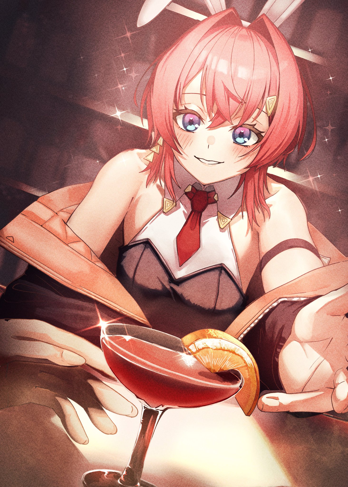 doidamon, ange katrina, nijisanji, commentary request, highres, revision, 1girl, animal ears, arm strap, armpit crease, bar (place), bare shoulders, black jacket, blue eyes, blush, breasts, champagne coupe, cocktail, collared leotard, crossed bangs, cup, drinking glass, dutch angle, earrings, fake animal ears, food, fruit, gold earrings, gradient eyes, grin, hair intakes, hair ornament, halter leotard, halterneck, hand up, heart, heart in eye, indoors, jacket, jewelry, leotard, lips, looking at viewer, medium hair, multicolored eyes, necktie, nontraditional playboy bunny, off shoulder, official alternate costume, open clothes, open jacket, orange (fruit), orange jacket, orange slice, pov, pov across table, pov hands, purple eyes, rabbit ears, reaching, reaching towards viewer, red hair, red necktie, short necktie, single earring, small breasts, smile, solo focus, sparkle, symbol in eye, triangle earrings, triangle hair ornament, two-sided fabric, two-sided jacket, upper body, virtual youtuber