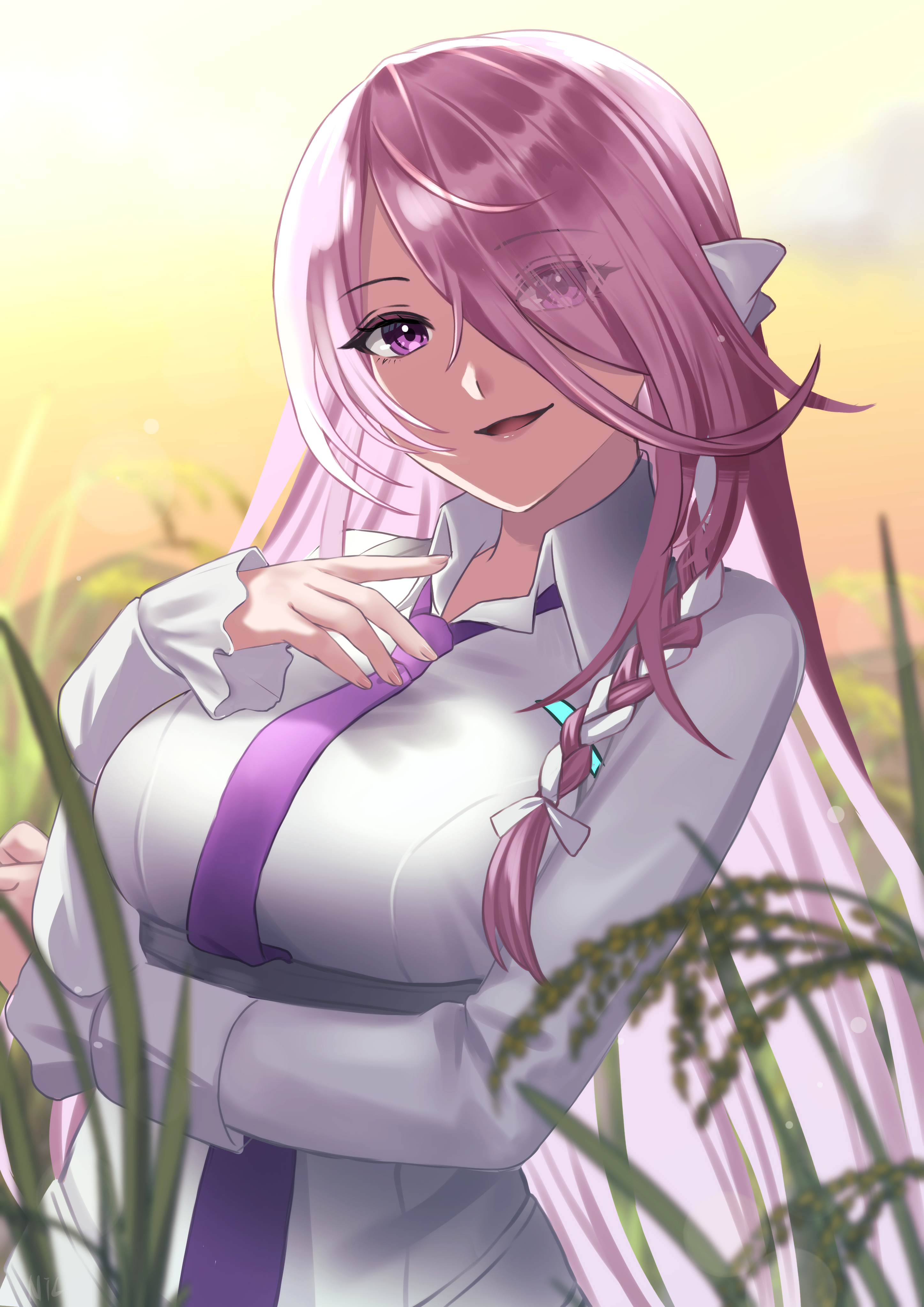 nil (pixiv 53614557), kura satomi, heaven burns red, absurdres, highres, 1girl, arm under breasts, bow, braid, breasts, collared shirt, eyes visible through hair, grass, hair bow, hair over one eye, hair ribbon, large breasts, long bangs, long hair, long sleeves, looking at viewer, multicolored hair, nail polish, necktie, open mouth, outdoors, pink hair, pink necktie, purple eyes, purple hair, purple nails, purple necktie, ribbon, shirt, side braid, single braid, smile, solo, sunset, upper body, very long hair, wheat, white bow, white ribbon, white shirt
