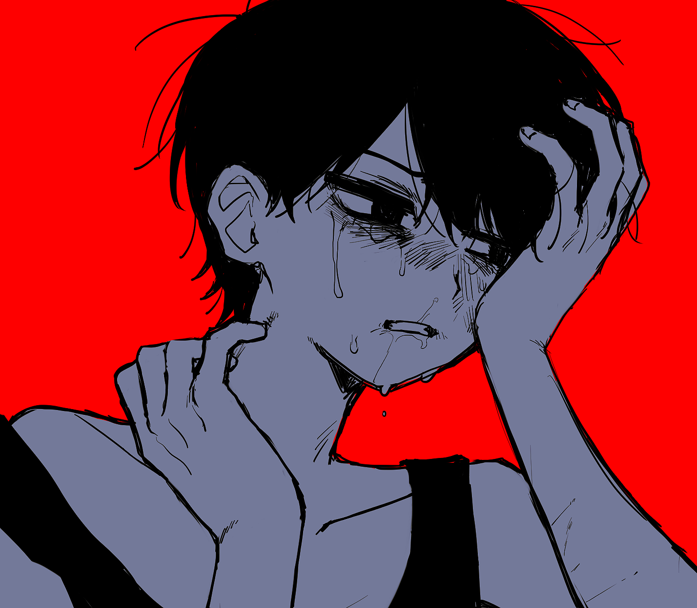 rou (h s sinrin), omori (omori), omori, commentary request, highres, 1boy, antenna hair, bags under eyes, bare shoulders, clenched teeth, collarbone, crying, crying with eyes open, empty eyes, fingernails, from below, greyscale with colored background, hair behind ear, hair between eyes, hand on own cheek, hand on own face, hands up, high contrast, looking to the side, male focus, no pupils, portrait, red background, short hair, simple background, snot trail, solo, strap slip, swept bangs, tank top, tears, teeth, very short hair