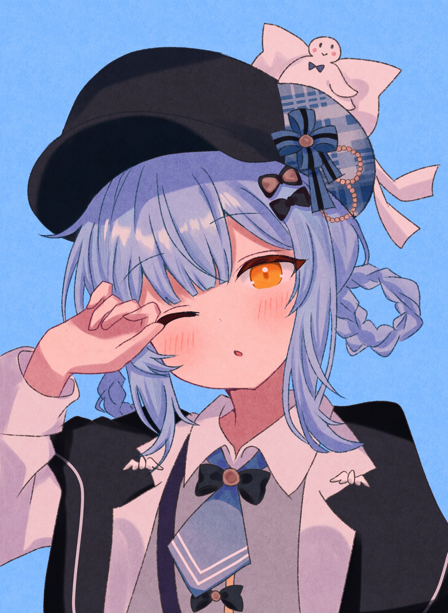 yua 666666, tachibana sherry, mahou shoujo no majo saiban, highres, 1girl, ;o, black bow, blue background, blue hair, blue necktie, blush, bow, braid, braided hair rings, collared shirt, hair bow, hair rings, hat, jacket, long sleeves, looking at viewer, necktie, one eye closed, open mouth, orange eyes, rubbing eyes, shirt, simple background, solo, twin braids, yellow eyes