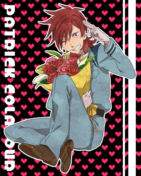 tsuu (tu-3), patrick colasour, gundam, gundam 00, bad id, bad pixiv id, 00s, 1boy, boots, bouquet, character name, flower, gloves, heart, heart background, male focus, military, military uniform, one eye closed, purple eyes, red hair, rose, short hair, smirk, solo, wink