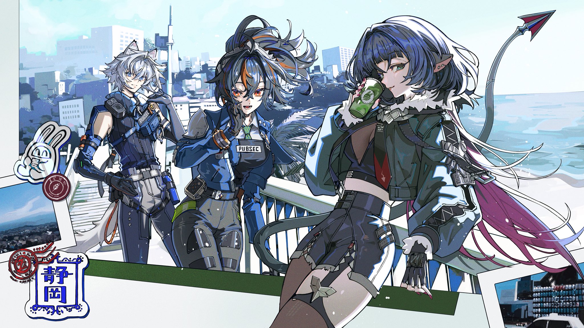 endo (takolegs), jane doe (zenless zone zero), seth lowell, zhu yuan, zenless zone zero, highres, 1boy, 2girls, against railing, animal ears, black gloves, black hair, black pants, black shorts, blue eyes, blue jacket, breasts, cat boy, cat ears, cityscape, cup, day, disposable cup, fur-trimmed jacket, fur trim, gloves, green eyes, guest art, high-waist shorts, holding, holding cup, jacket, large breasts, looking at viewer, mouse ears, mouse girl, mouse tail, multicolored hair, multiple girls, outdoors, pants, police, police uniform, policeman, policewoman, ponytail, railing, red eyes, red hair, sharp tail, shorts, single leg pantyhose, streaked hair, tail, white hair