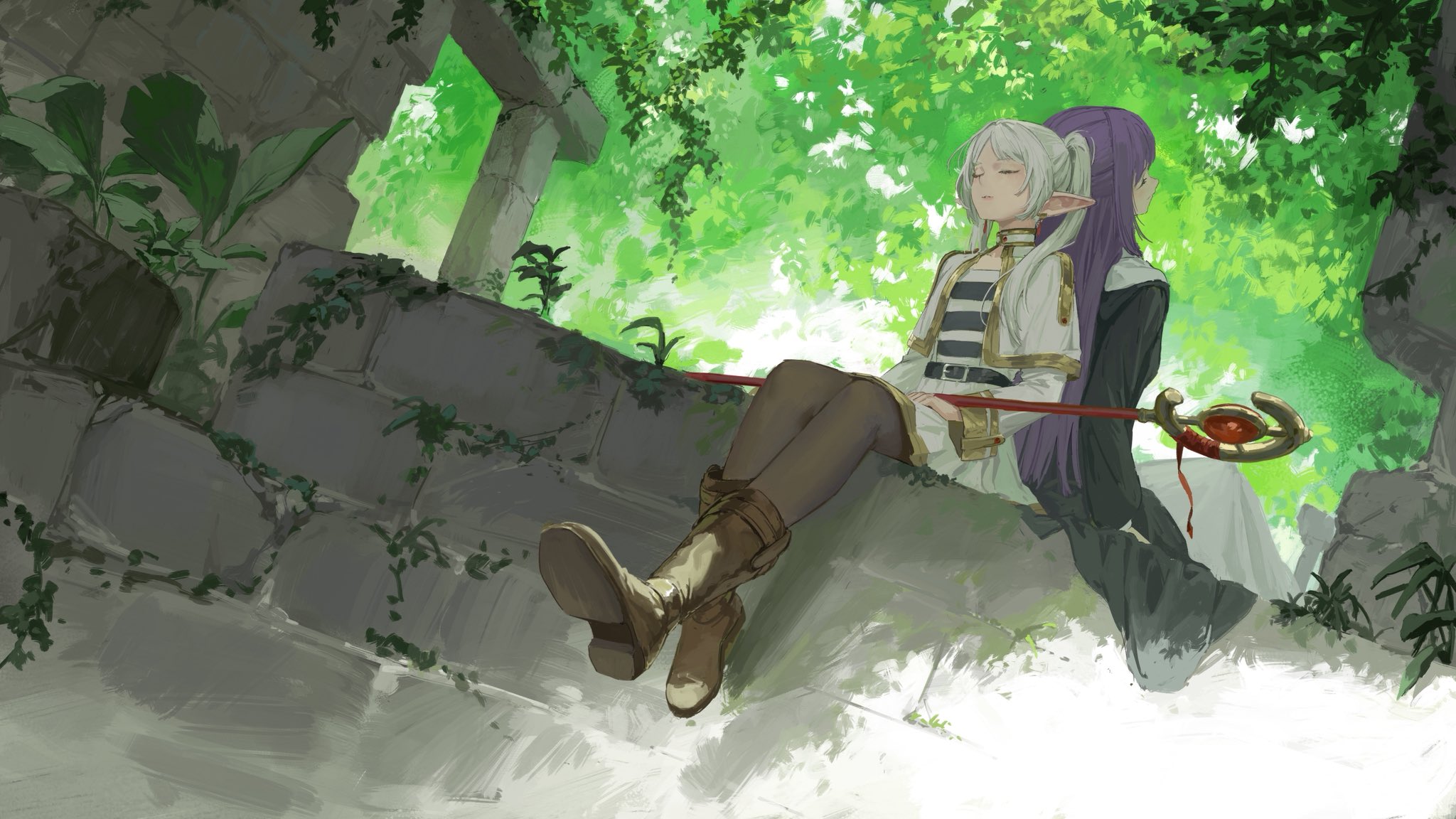 mmi ryu, fern (sousou no frieren), frieren, sousou no frieren, highres, 2girls, back-to-back, belt, black pantyhose, boots, capelet, closed eyes, dress, earrings, elf, holding, holding staff, jewelry, long hair, long sleeves, multiple girls, outdoors, pantyhose, parted bangs, plant, pointy ears, purple hair, shirt, sitting, skirt, staff, striped clothes, striped shirt, twintails, vines, white capelet, white hair, white skirt