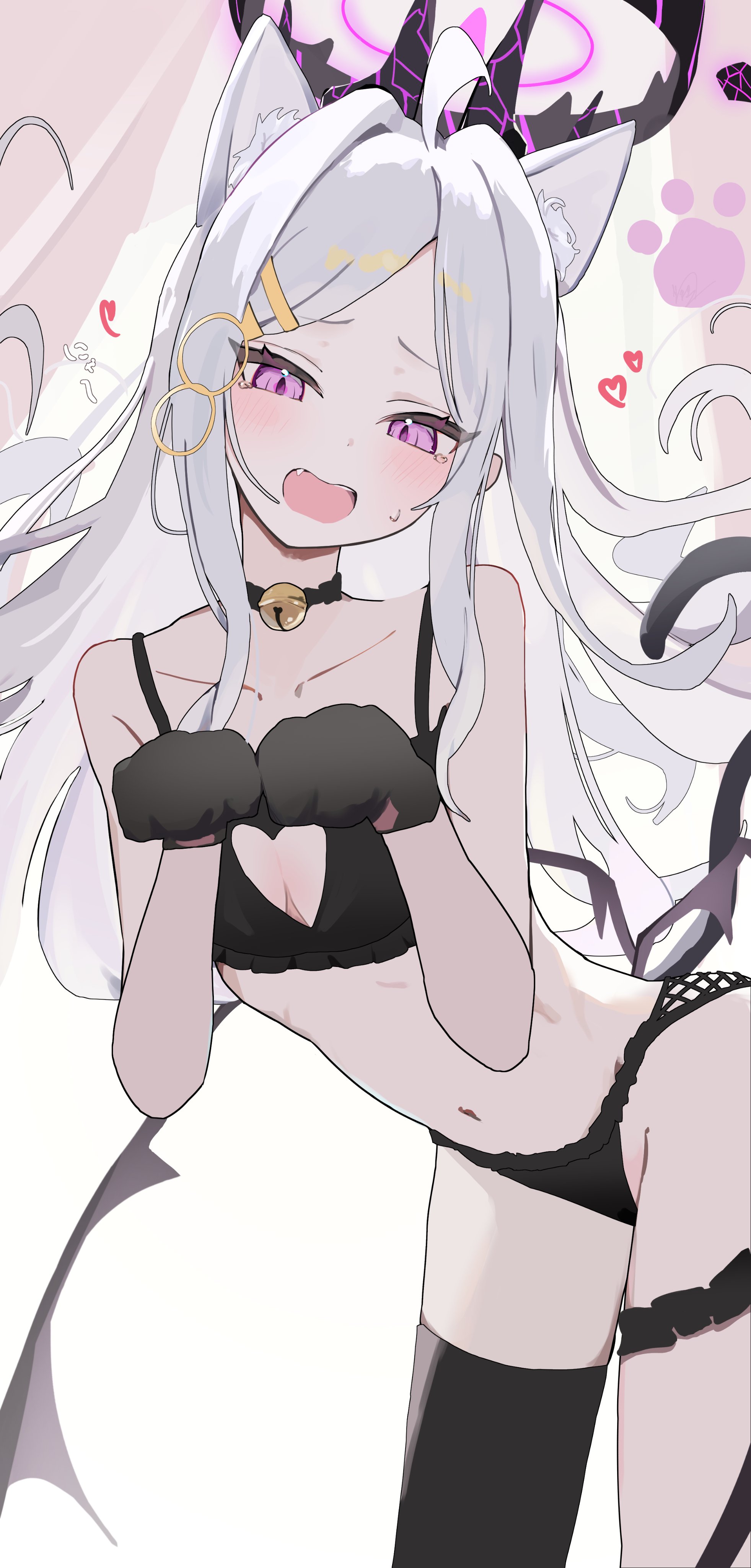 hina (blue archive), blue archive, absurdres, highres, 1girl, ahoge, amanome121, animal ears, animal hands, bell, black bra, black choker, black horns, black panties, black thighhighs, blush, bra, breasts, cat ears, cat paws, cat tail, choker, collarbone, demon horns, demon wings, gloves, hair ornament, hairclip, halo, heart, horns, long hair, looking at viewer, low wings, multiple horns, navel, neck bell, open mouth, panties, parted bangs, paw gloves, paw pose, purple eyes, single thighhigh, small breasts, solo, tail, thigh strap, thighhighs, underwear, white hair, wings