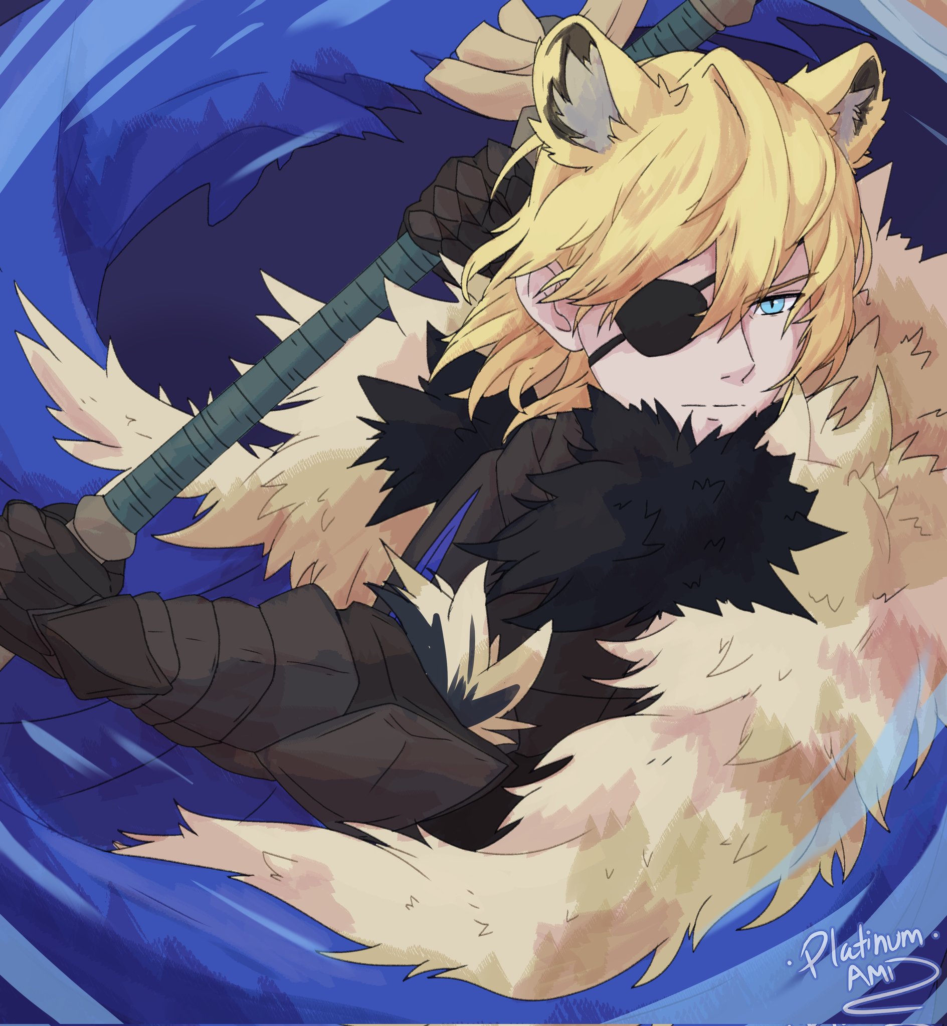 platinum ami, dimitri alexandre blaiddyd, dimitri alexandre blaiddyd (blue lion), fire emblem, fire emblem shadows, nintendo, commentary, english commentary, highres, 1boy, animal ears, areadbhar (fire emblem), artist name, blue eyes, cape, closed mouth, eyepatch, fur-trimmed cape, fur trim, holding, holding polearm, holding weapon, kemonomimi mode, lion boy, lion ears, male focus, polearm, upper body, weapon