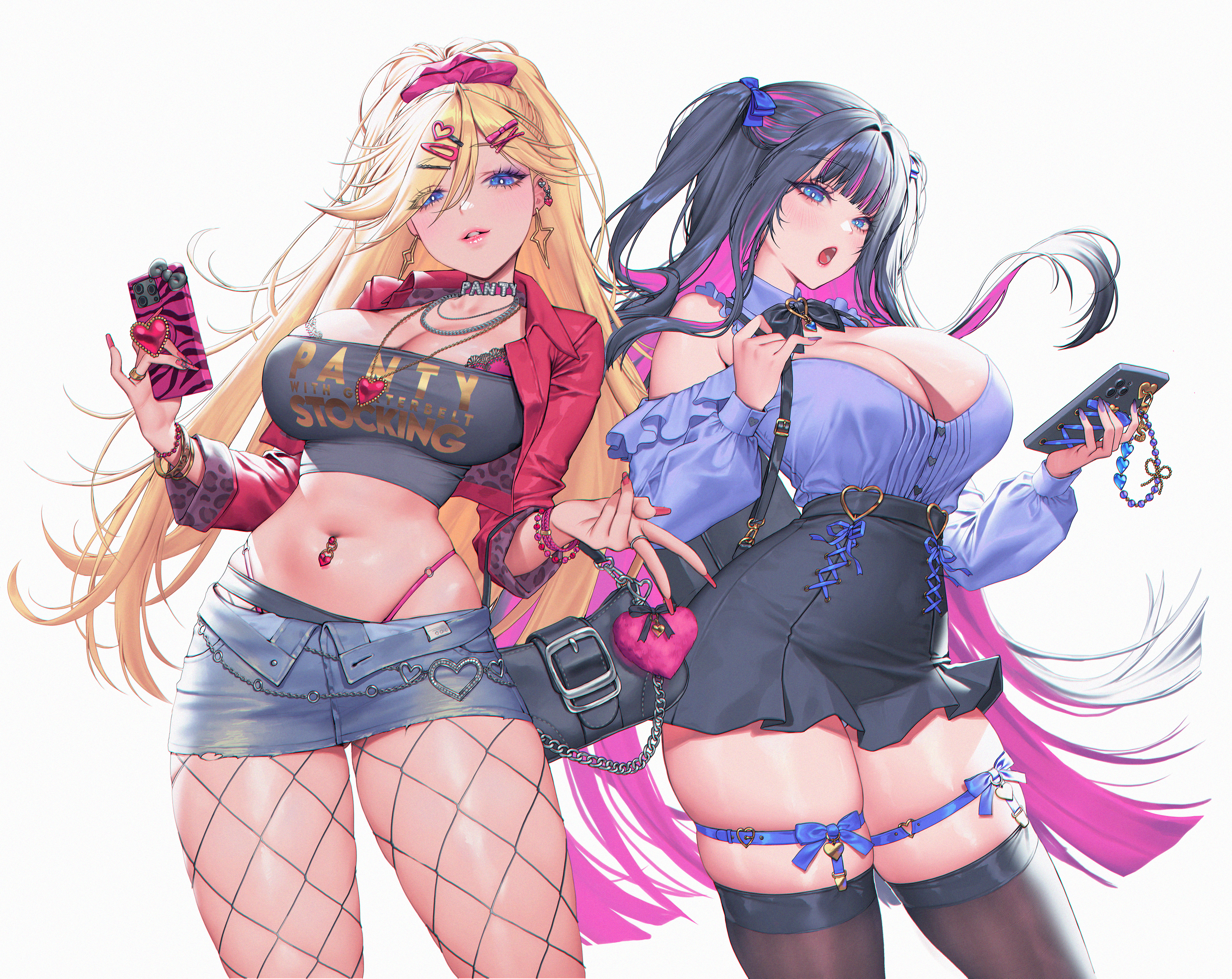love cacao, panty (psg), stocking (psg), panty & stocking with garterbelt, absurdres, highres, 2girls, bag, bare shoulders, bead bracelet, beads, black bag, black hair, black skirt, black thighhighs, blonde hair, blue bow, blue eyes, blue ribbon, blue shirt, blue shorts, blush, bow, bracelet, breasts, cellphone, character name, cleavage, colored inner hair, fishnet pantyhose, fishnets, grey background, hair bow, holding, holding bag, holding phone, jacket, jewelry, large breasts, leg ribbon, lips, long hair, long sleeves, looking at viewer, midriff, multicolored hair, multiple girls, navel, navel piercing, open clothes, open jacket, open mouth, pantyhose, parted lips, phone, piercing, pink hair, ponytail, red jacket, ribbon, shirt, short shorts, shorts, siblings, simple background, sisters, skirt, standing, thigh ribbon, thighhighs, thighs, two-tone hair