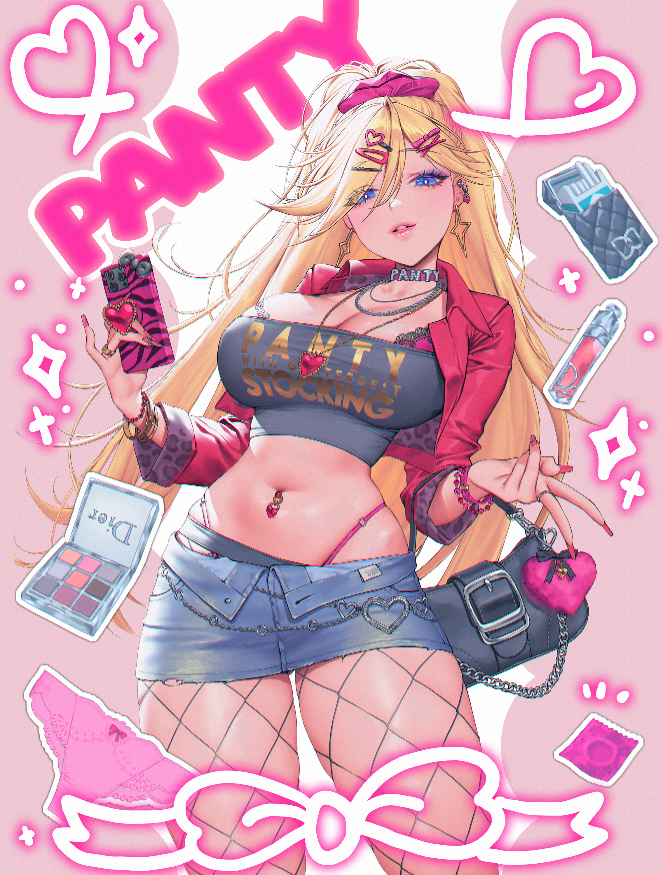 love cacao, panty (psg), panty & stocking with garterbelt, absurdres, highres, 1girl, bead bracelet, beads, blonde hair, blue eyes, blue shorts, bracelet, breasts, cellphone, character name, cleavage, fishnet pantyhose, fishnets, holding, holding phone, jacket, jewelry, large breasts, lips, long hair, looking at viewer, midriff, navel, navel piercing, open clothes, open jacket, pantyhose, parted lips, phone, piercing, ponytail, red jacket, short shorts, shorts, solo, standing