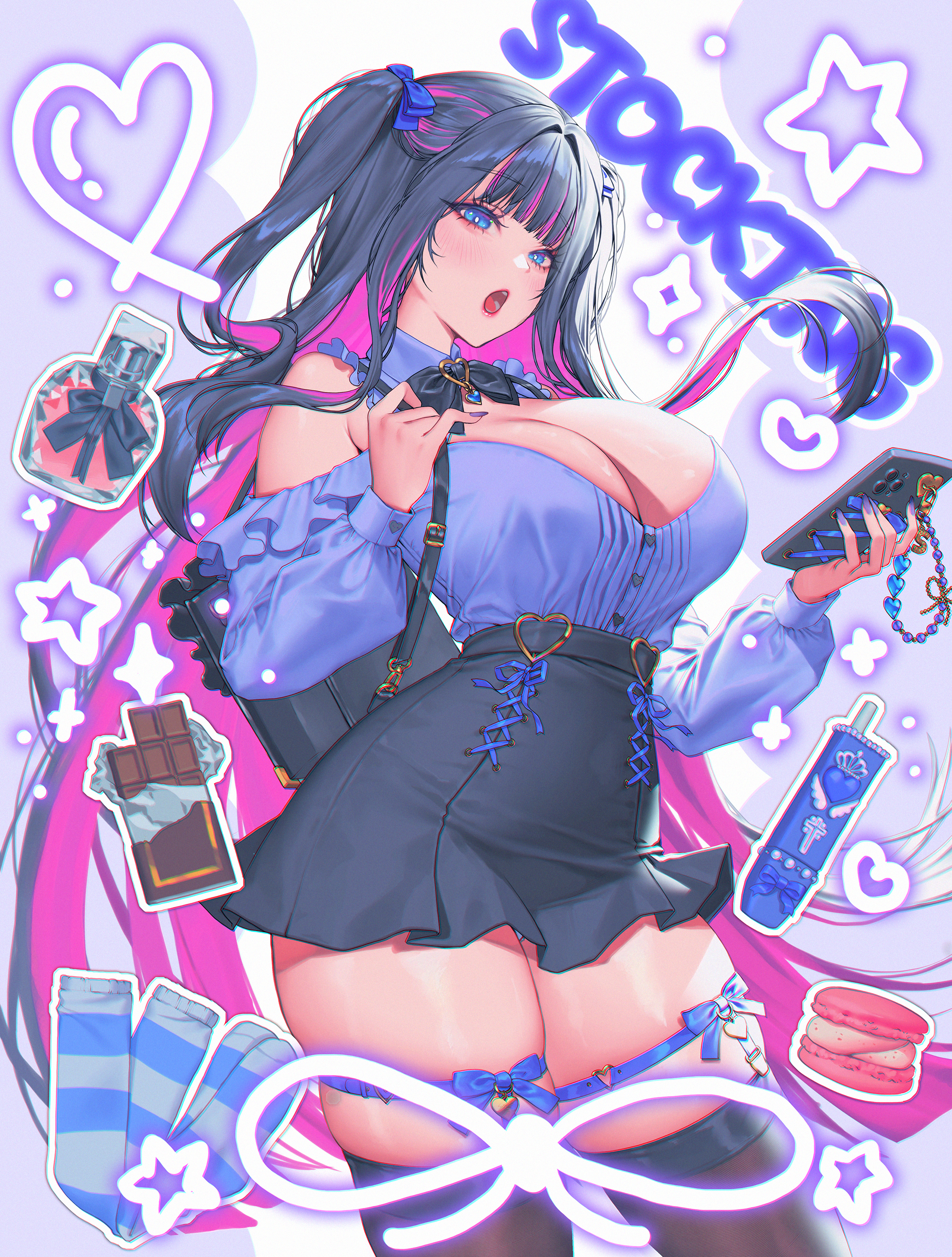 love cacao, stocking (psg), panty & stocking with garterbelt, absurdres, highres, 1girl, bag, bare shoulders, black bag, black hair, black skirt, black thighhighs, blue bow, blue eyes, blue ribbon, blue shirt, blush, bow, breasts, cellphone, character name, cleavage, colored inner hair, hair bow, holding, holding bag, holding phone, large breasts, leg ribbon, long sleeves, looking at viewer, multicolored hair, open mouth, phone, pink hair, ribbon, shirt, skirt, solo, standing, thigh ribbon, thighhighs, thighs, two-tone hair