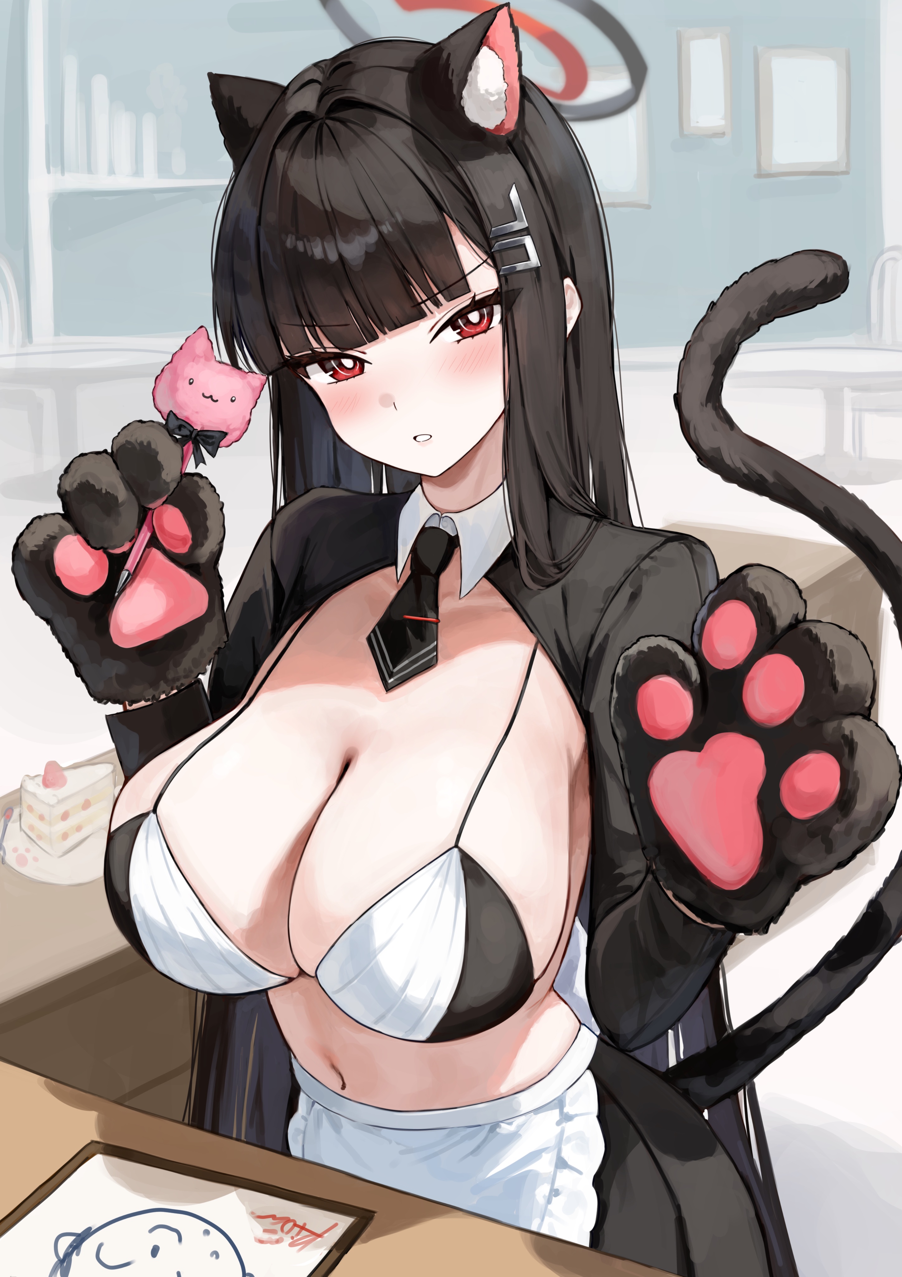 ponya 0000, doodle sensei (blue archive), rio (blue archive), sensei (blue archive), blue archive, absurdres, commentary request, highres, 1girl, :o, alternate costume, animal ear fluff, animal ears, animal hands, apron, black gloves, black hair, black halo, black necktie, black shrug, black skirt, black tail, blush, breasts, cake, cake slice, cat ears, cat tail, cleavage, food, frilled apron, frills, full body, gloves, halo, holding, indoors, kemonomimi mode, large breasts, long hair, looking at viewer, multicolored halo, navel, necktie, pantyhose, paw gloves, red eyes, red halo, shrug (clothing), skirt, solo, stomach, tail, two-tone halo, very long hair, waist apron, white apron