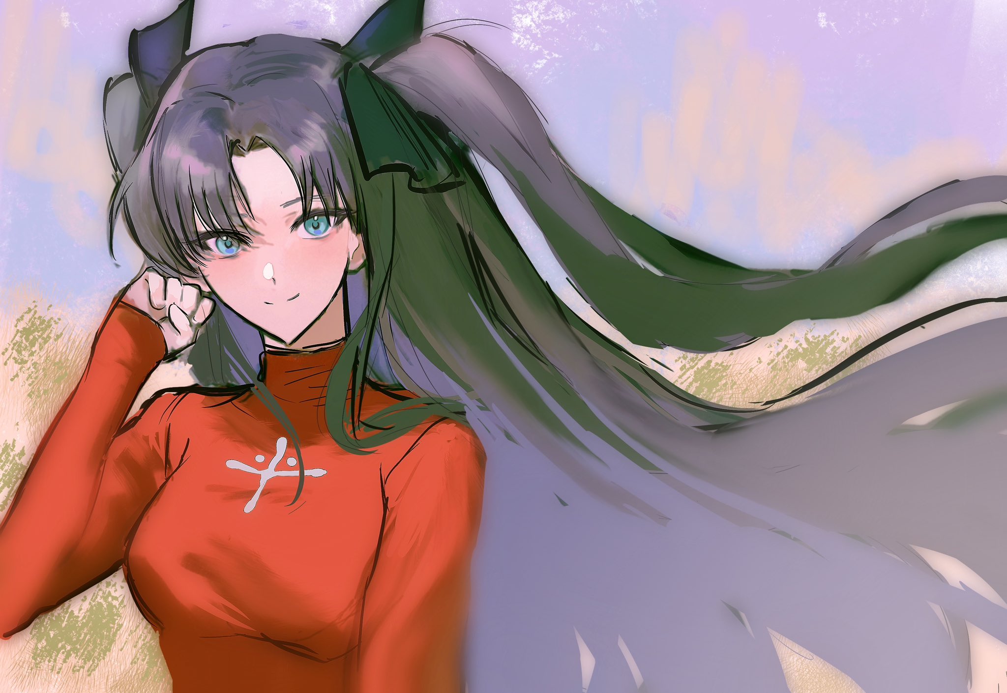 tohsaka rin, fate/stay night, fate (series), highres, 1girl, black hair, black ribbon, blue eyes, breasts, hair ribbon, long hair, long sleeves, looking at viewer, medium breasts, red sweater, ribbon, smile, solo, sweater, turtleneck, twintails, two side up, woodsheep59366