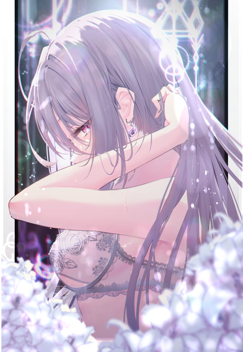 hatenashun422, original, highres, 1girl, blurry, bra, breasts, depth of field, earrings, flower, from side, grey bra, grey hair, jewelry, lace, lace-trimmed bra, lace trim, large breasts, long hair, looking at viewer, purple eyes, solo, underwear, upper body, white bra