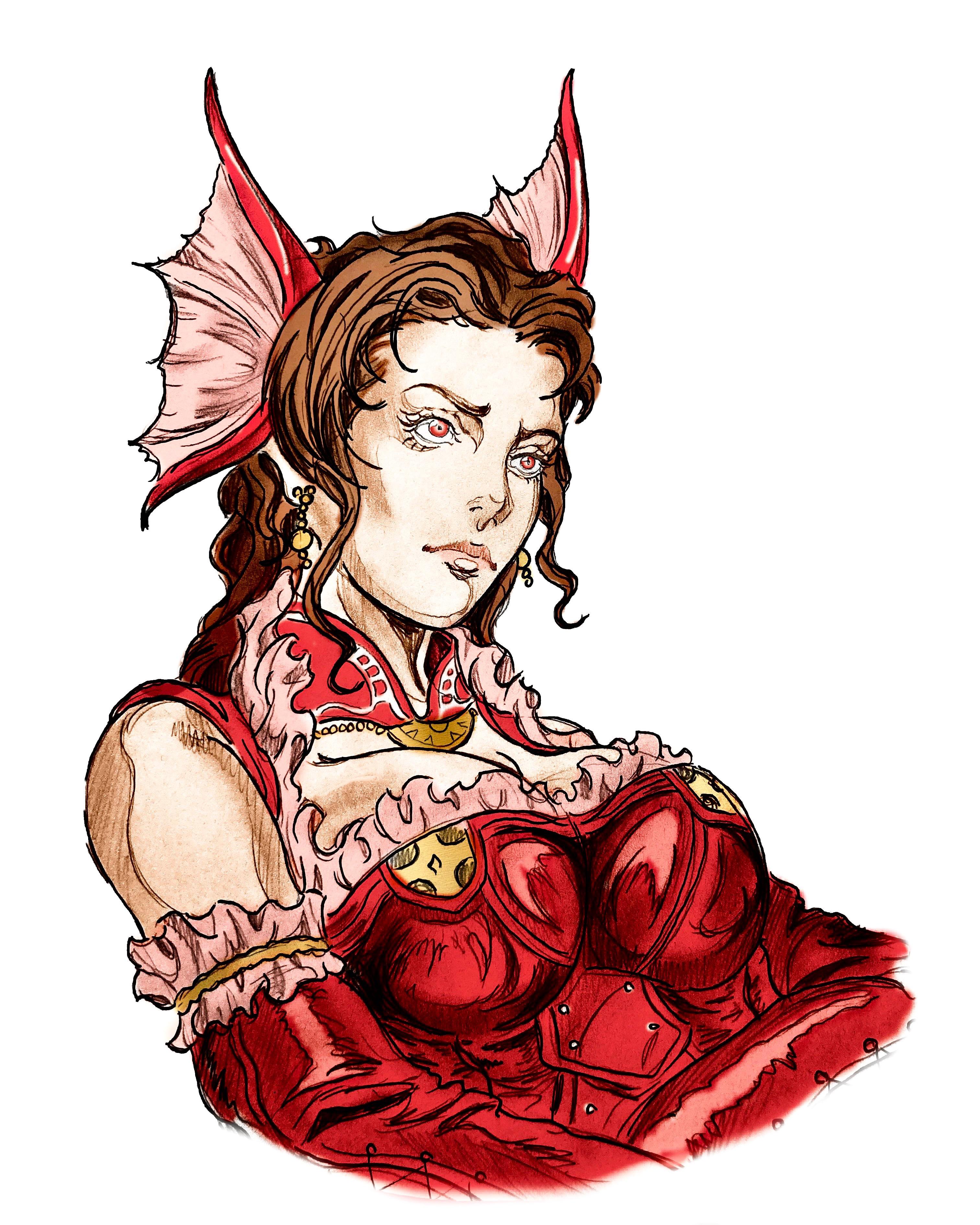 carmilla (castlevania), castlevania: circle of the moon, castlevania (series), shiny lips, absurdres, artist request, highres, 1girl, bare shoulders, bat wings, breasts, bridal gauntlets, brown hair, cleavage, closed mouth, collarbone, cropped arms, cropped torso, crossed arms, curly hair, dress, earrings, forehead, gauntlets, goth fashion, head wings, jewelry, large breasts, leotard, long hair, red dress, red eyes, serious, simple background, solo, upper body, vampire, white background, wings