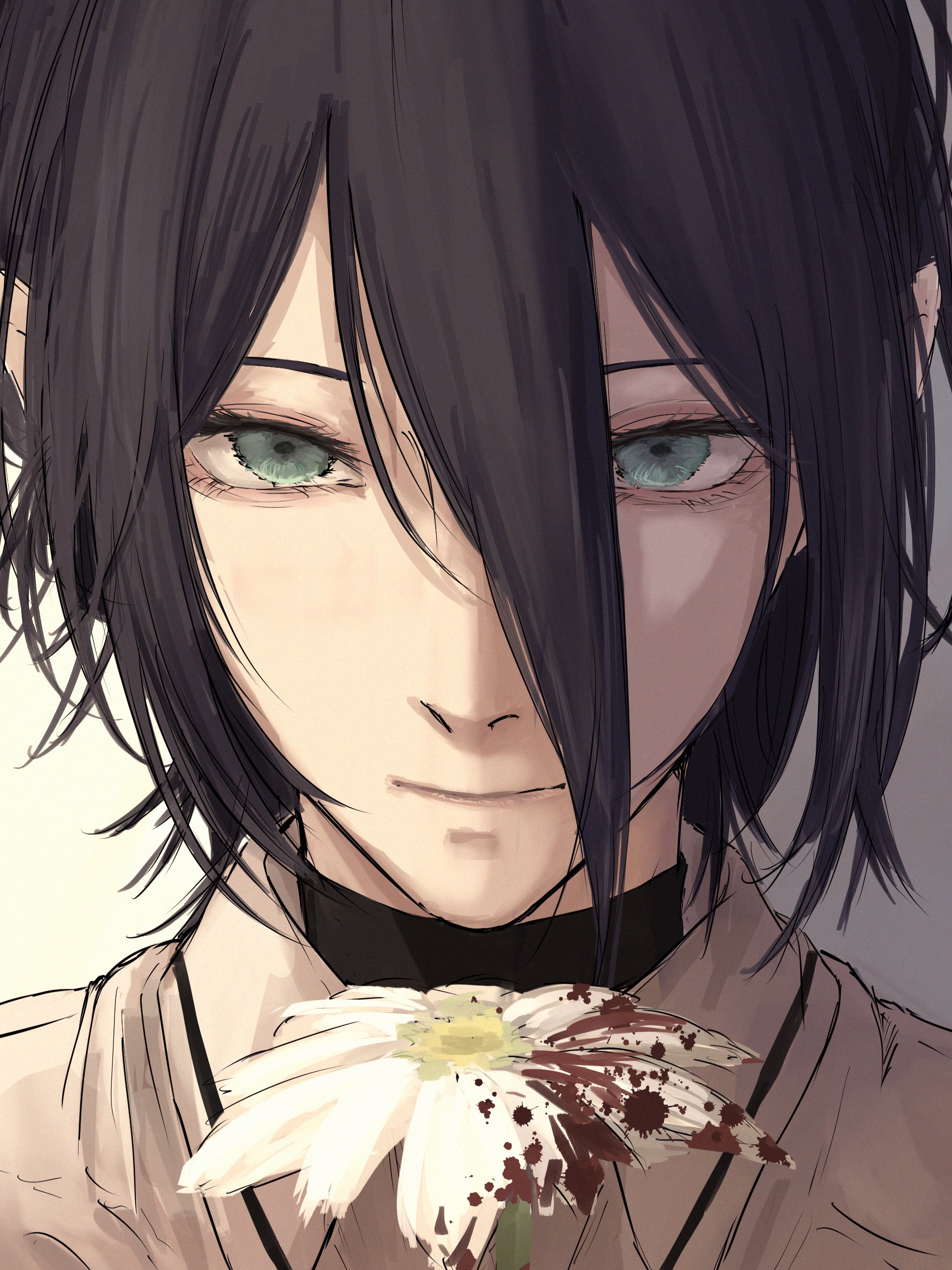 nabe92213, reze (chainsaw man), chainsaw man, absurdres, highres, 1girl, black choker, black hair, blood, choker, flower, green eyes, hair between eyes, shirt tucked in, solo, upper body