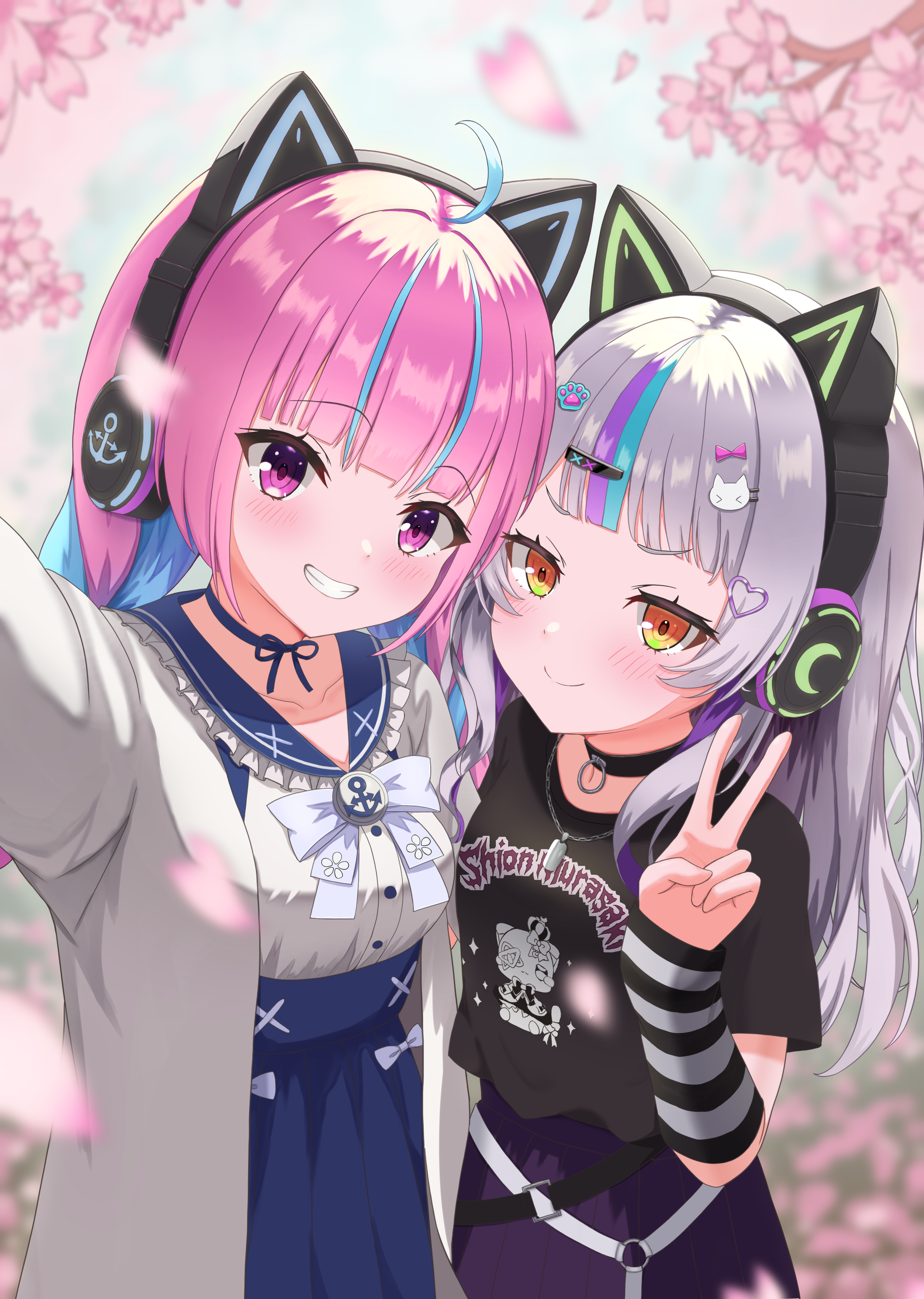 papasillust, minato aqua, minato aqua (sailor), murasaki shion, hololive, absurdres, highres, 2girls, ahoge, anchor hair ornament, anchor symbol, animal ear headphones, animal ears, black shirt, blue choker, blue hair, blue sailor collar, blush, bow, braid, cat ear headphones, cat ears, cherry blossoms, choker, colored inner hair, fake animal ears, frilled sailor collar, frills, hair ornament, headphones, high-waist skirt, jacket, long hair, long sleeves, looking at viewer, multicolored hair, multiple girls, official alternate costume, pink hair, purple eyes, ribbon choker, sailor collar, selfie, shirt, simple background, skirt, smile, solo, twin braids, two-tone hair, v, virtual youtuber, yellow eyes
