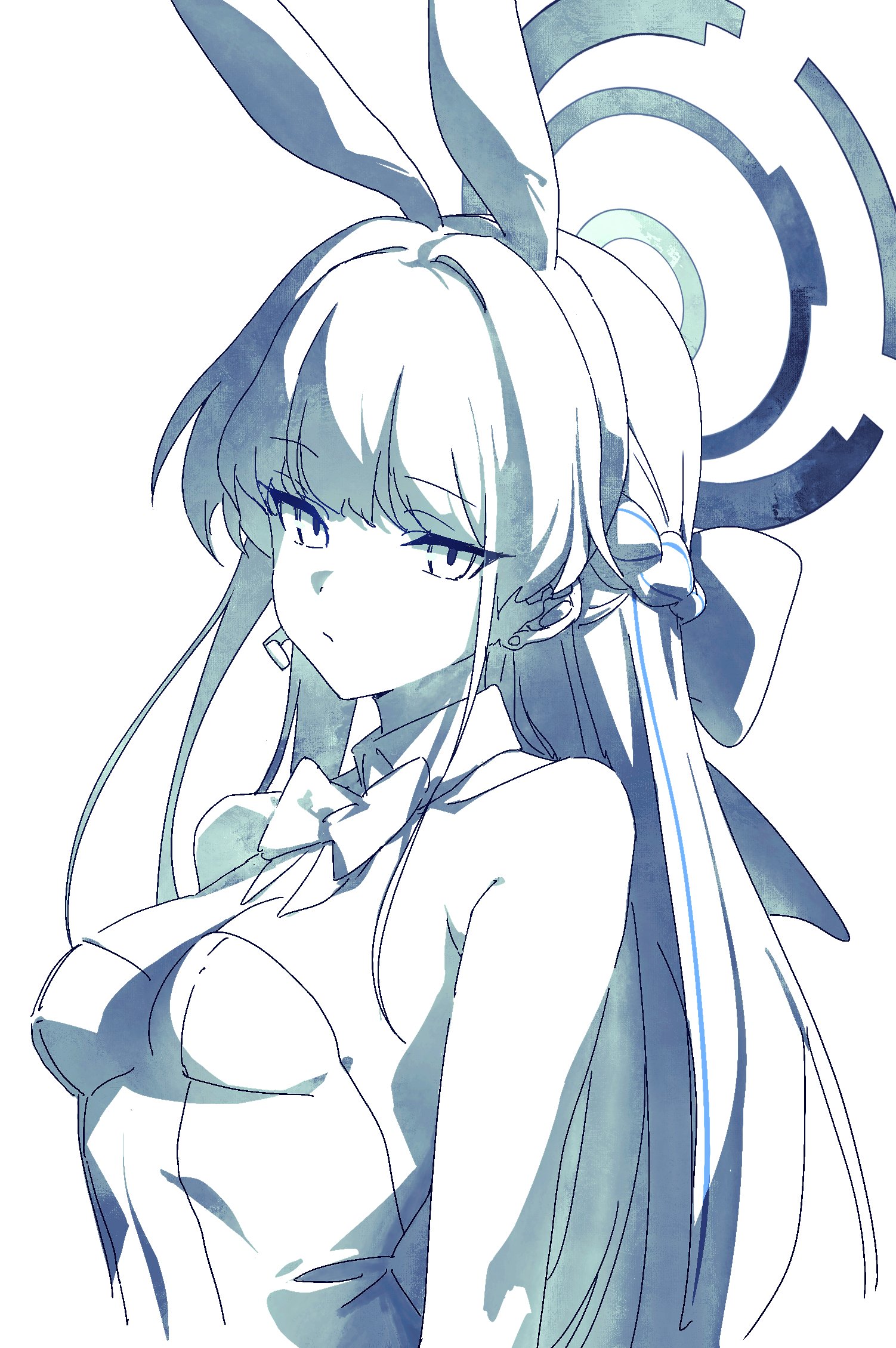yomoyama55, toki (blue archive), toki (bunny) (blue archive), blue archive, highres, 1girl, animal ears, bare shoulders, blue halo, blue theme, bow, bowtie, braid, breasts, closed mouth, detached collar, earpiece, expressionless, fake animal ears, hair bow, halo, leotard, long hair, looking at viewer, medium breasts, monochrome, official alternate costume, playboy bunny, rabbit ears, simple background, solo, strapless, strapless leotard, upper body, white background