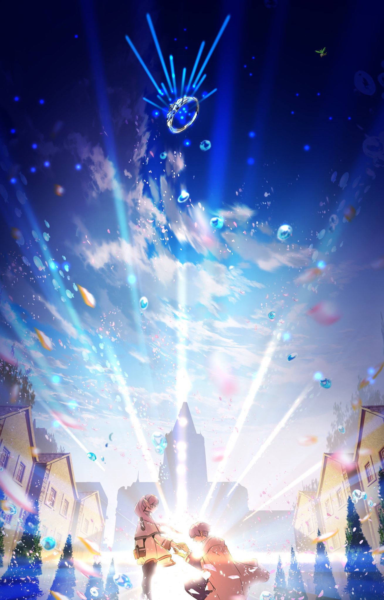makoron117117, frieren, himmel (sousou no frieren), sousou no frieren, highres, 1boy, 1girl, blue sky, building, cloud, cloudy sky, day, house, light rays, no humans, outdoors, petals, scenery, sky, sunlight, tree, water drop
