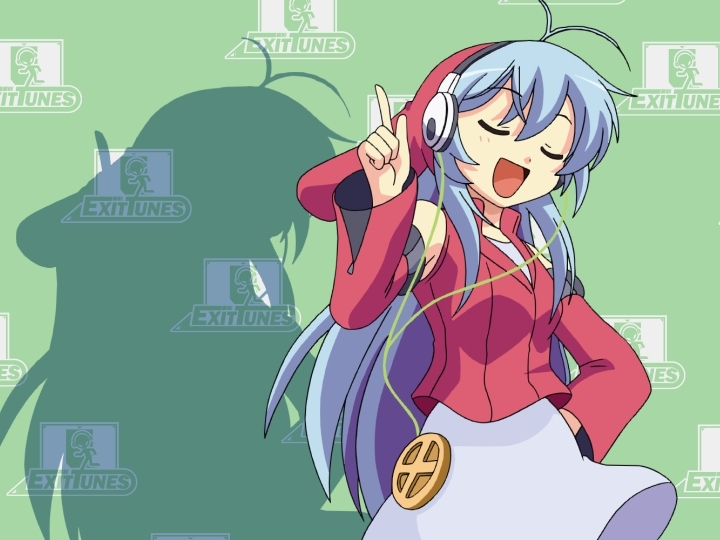 exit trance, exit tunes, 1girl, bandana, blue hair, caipirinha (meme), closed eyes, dancing, detached sleeves, female focus, headphones, long hair, meme, parody, pointing, solo