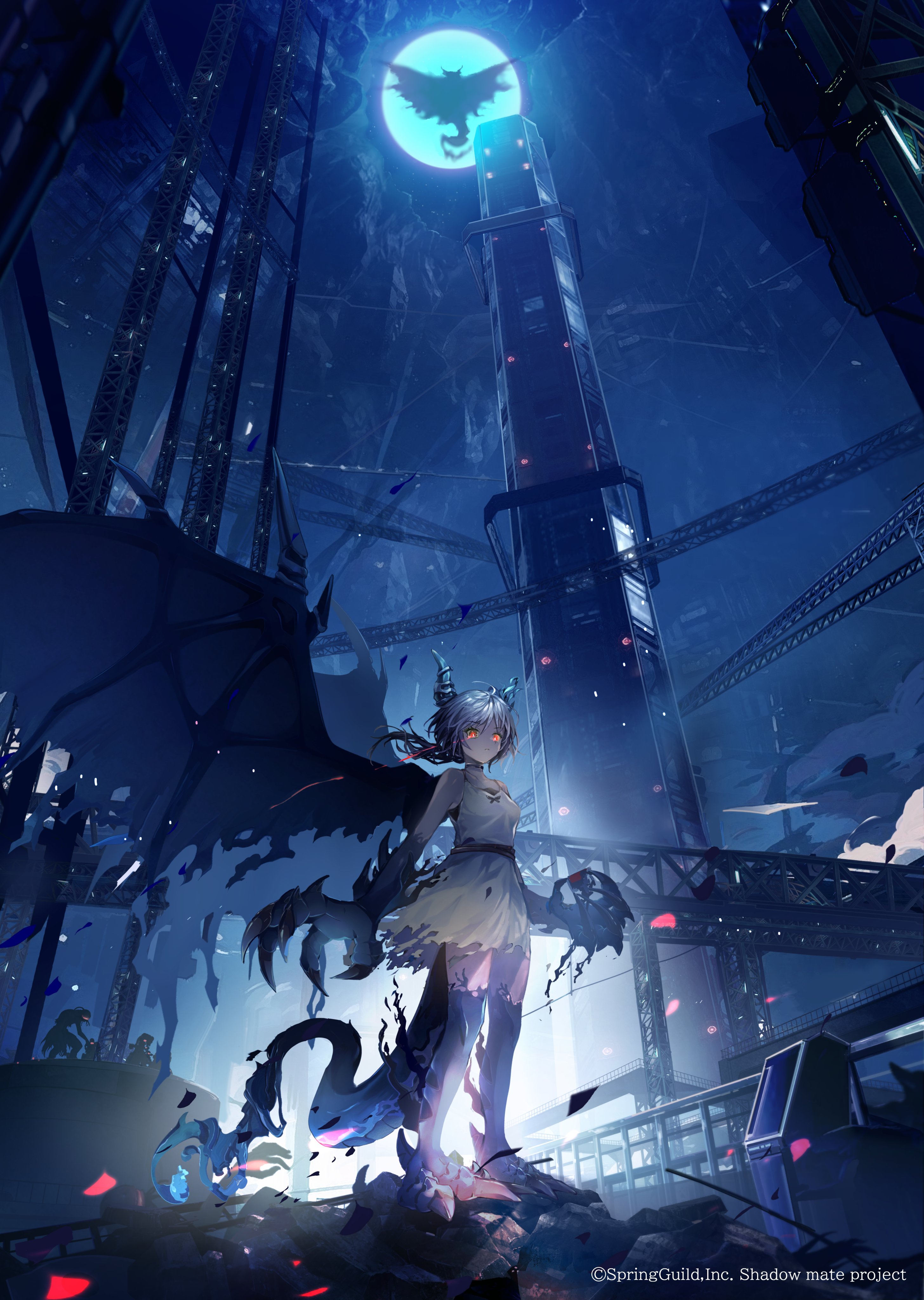 makoron117117, original, absurdres, highres, 1girl, breasts, claws, dragon girl, dragon horns, dragon tail, dragon wings, dress, glowing, grey hair, horns, looking at viewer, monster girl, orange eyes, personification, red eyes, sleeveless, solo, standing, tail, thighhighs, torn clothes, torn dress, white dress, wings