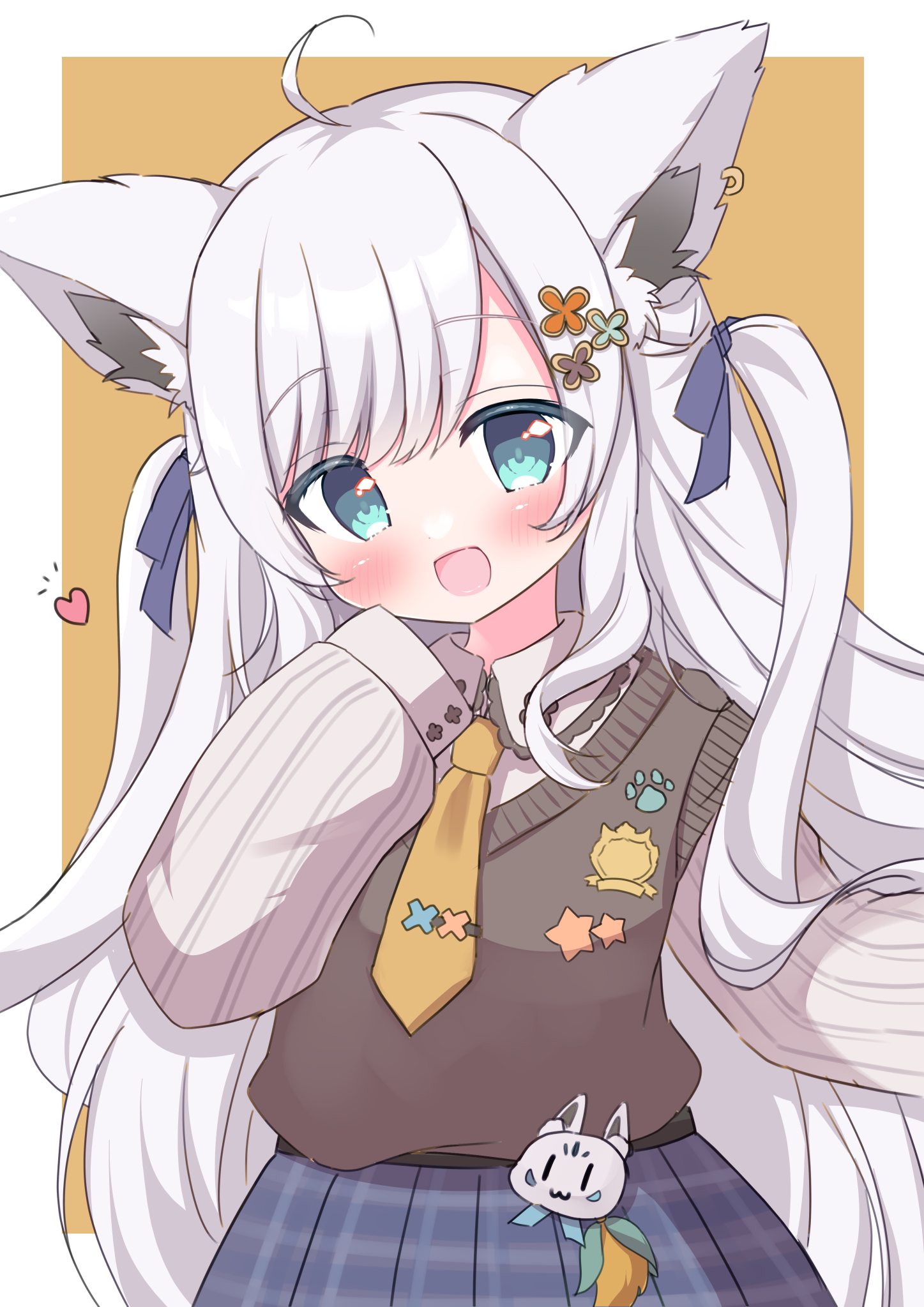hanasakichu, shirakami fubuki, hololive, highres, 1girl, ahoge, animal ear fluff, animal ears, blush, earrings, fox ears, fox girl, green eyes, jewelry, long hair, looking at viewer, open mouth, shirt, sidelocks, skirt, solo, virtual youtuber, white hair