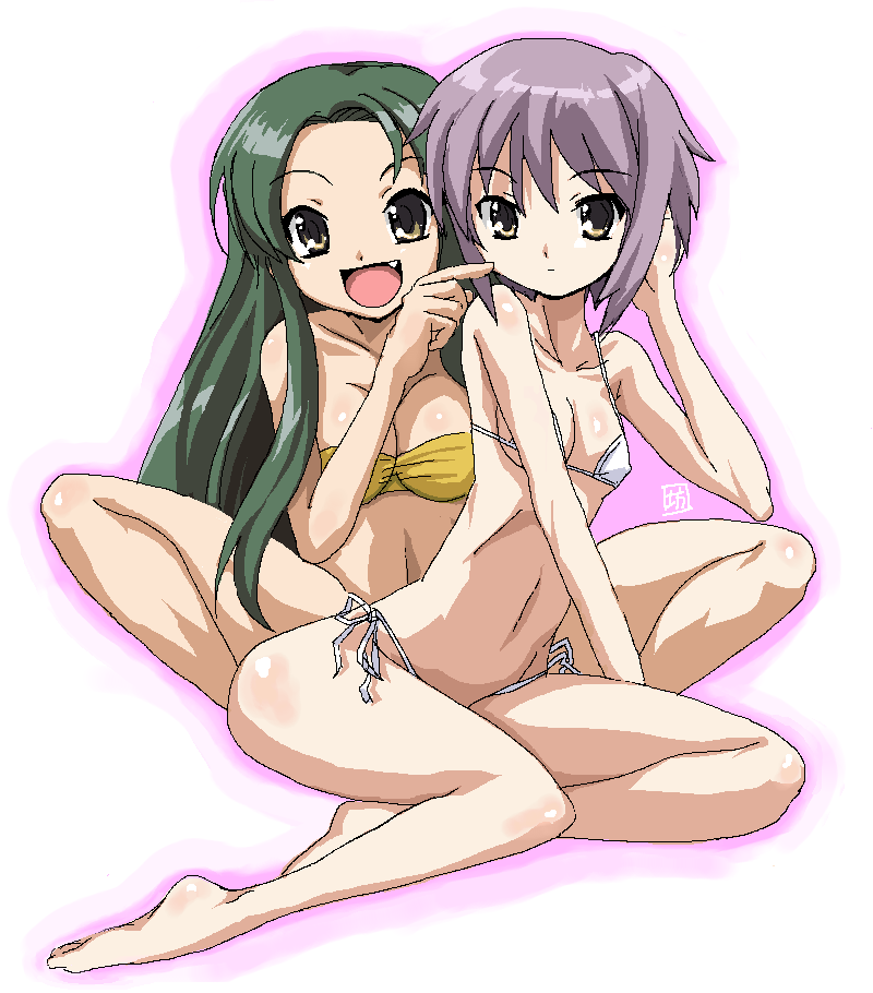 bou (artist), nagato yuki, tsuruya, suzumiya haruhi no yuuutsu, light purple hair, silver hair, 00s, 2girls, barefoot, bikini, breasts, brown eyes, cleavage, feet, flat chest, green hair, long hair, multiple girls, oekaki, short hair, side-tie bikini bottom, small breasts, swimsuit, very long hair