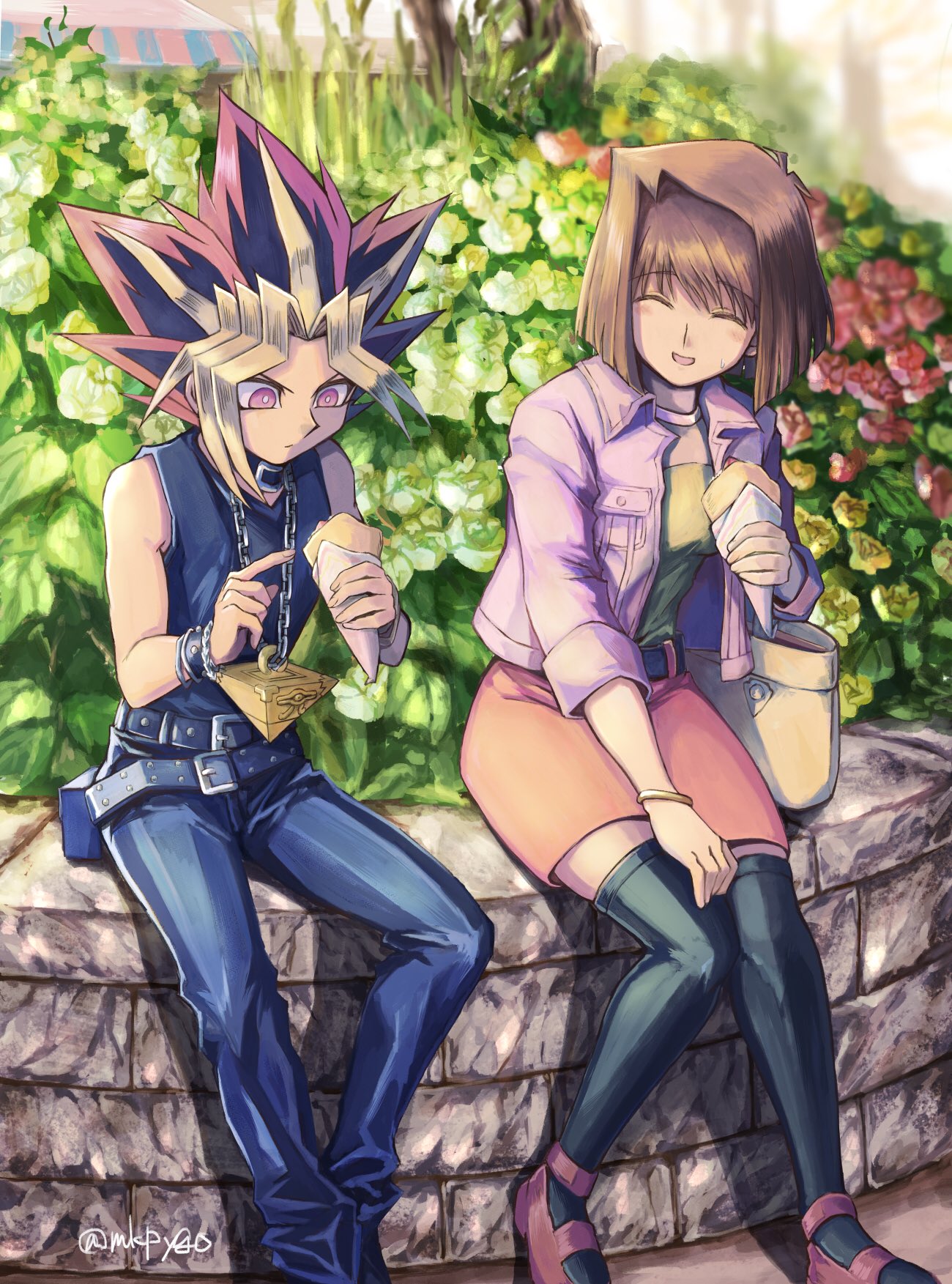 suzurichan715, mazaki anzu, yami yugi, yu-gi-oh!, yu-gi-oh! duel monsters, highres, third-party source, 1boy, 1girl, bag, bare shoulders, belt, belt buckle, black belt, black hair, black thighhighs, blonde hair, blunt bangs, bracelet, brown hair, buckle, chain, chain necklace, closed eyes, flower, food, holding, holding food, jacket, jewelry, millennium puzzle, multicolored hair, necklace, open clothes, open mouth, outdoors, pink eyes, pink flower, pink jacket, red hair, short hair, shoulder bag, signature, sitting, sleeveless, smile, spiked hair, thighhighs