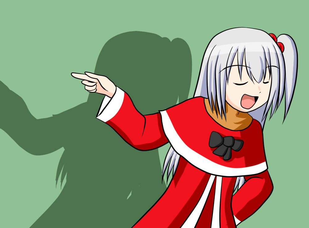 shinki (touhou), takino tomo, azumanga daiou, mystic square, touhou, touhou (pc-98), silver hair, bad id, bad pixiv id, 1girl, caipirinha (meme), closed eyes, dancing, female focus, happy, long hair, meme, parody, pointing, side ponytail, solo, standing