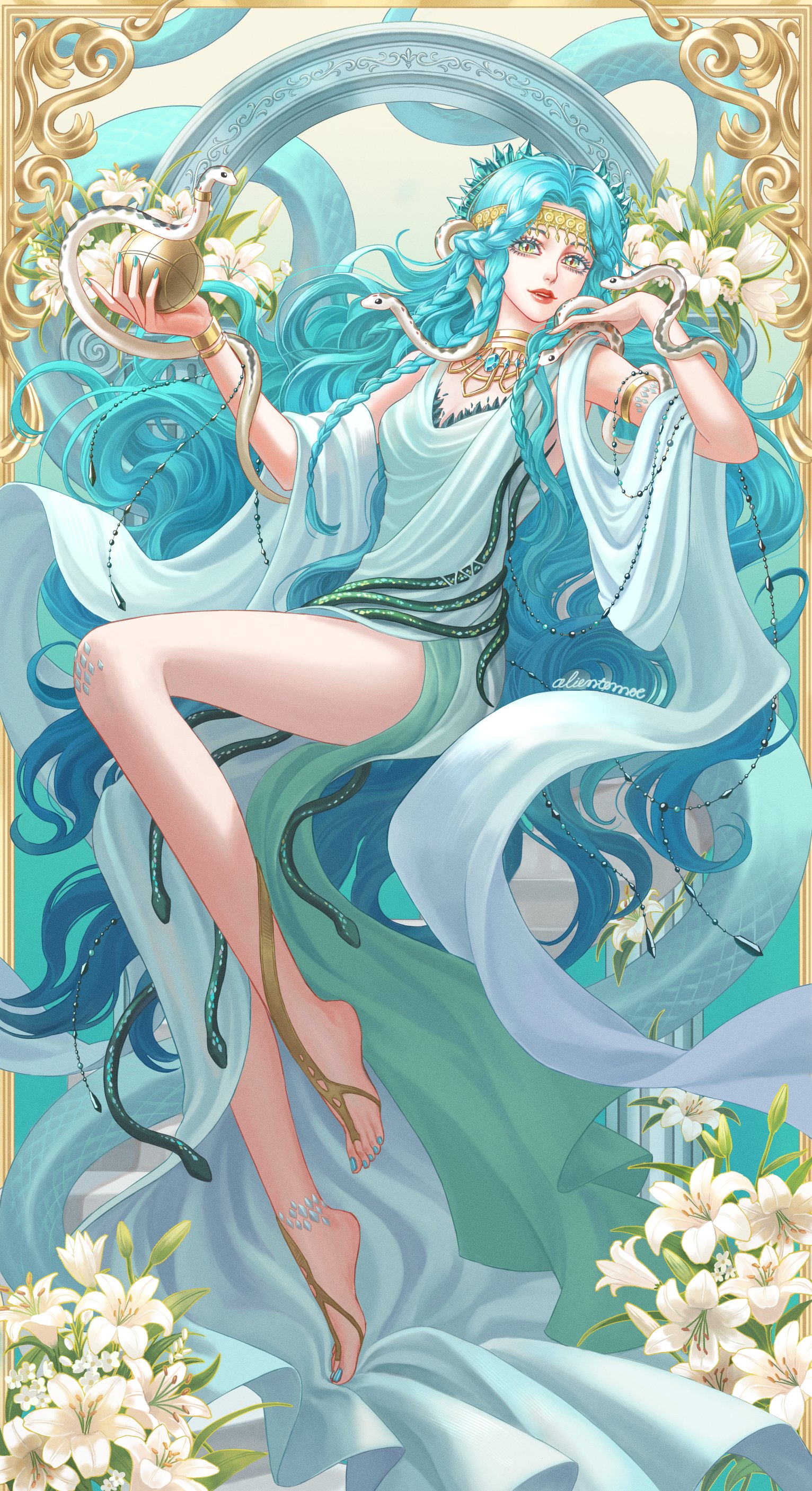 hissabeth, assassin's creed (series), reverse:1999, absurdres, highres, 1girl, alientomoe, apple of eden, aqua background, bare legs, barefoot, blue hair, border, dress, flower, full body, gem, gem hair ornament, gold headband, green eyes, green gemstone, hands up, holding, invisible chair, lily (flower), long dress, long hair, looking at viewer, official alternate costume, ornate border, red lips, red pupils, shawl, sitting, sleeveless, sleeveless dress, snake, snake on head, solo, very long hair, white dress, white flower