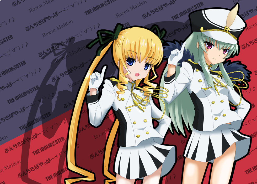 kozou (rifa), shinku, suigintou, takino tomo, azumanga daiou, idolmaster, rozen maiden, silver hair, 2girls, aqua hair, band uniform, blonde hair, blue eyes, caipirinha (meme), cosplay, dancing, doll joints, hat, joints, meme, multiple girls, parody, pink eyes, pointing, shako cap, twintails, wings
