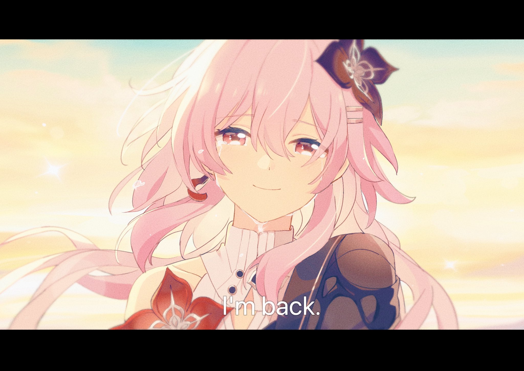 evernight (honkai: star rail), march 7th (honkai: star rail), honkai: star rail, honkai (series), derivative work, highres, screenshot redraw, black flower, buttons, collar, english text, flower, hair between eyes, hair flower, hair ornament, hairclip, ki ii37, light smile, long hair, parallel hairclips, pink hair, red eyes, red flower, single bare shoulder, sky, sparkle, sparkling eyes, tears, white collar