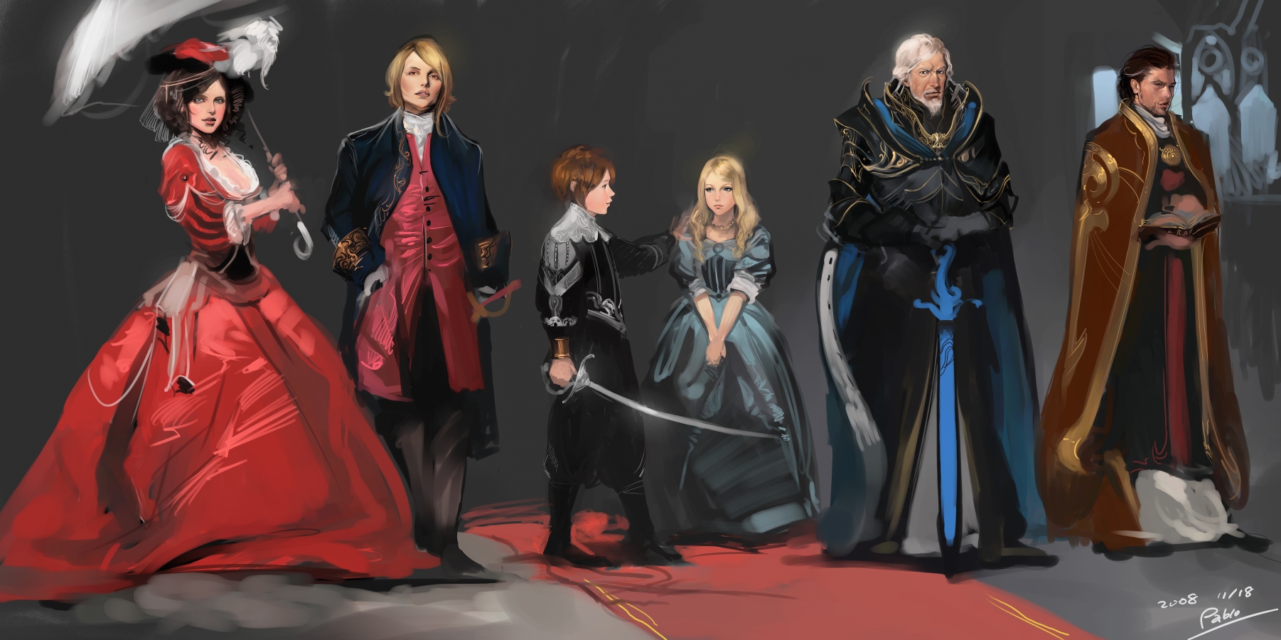 pablo uchida, original, uniform, highres, long image, wide image, 2girls, 4boys, armor, bald, beard, blonde hair, blue eyes, book, boots, brown eyes, brown hair, cape, carpet, cloak, coat, dress, facial hair, fantasy, formal clothes, full body, hat, holding, holding book, jewelry, long hair, long sleeves, looking at viewer, multiple boys, multiple girls, necklace, red dress, short hair, standing, suit, sword, umbrella, weapon, white hair