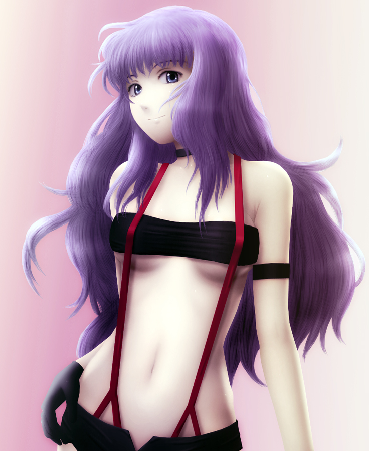 siraha, sheryl nome, macross, macross frontier, bad id, bad pixiv id, 00s, 1girl, bandeau, blue eyes, choker, female focus, gloves, long hair, midriff, purple hair, short shorts, shorts, solo, strapless, suspenders, tube top